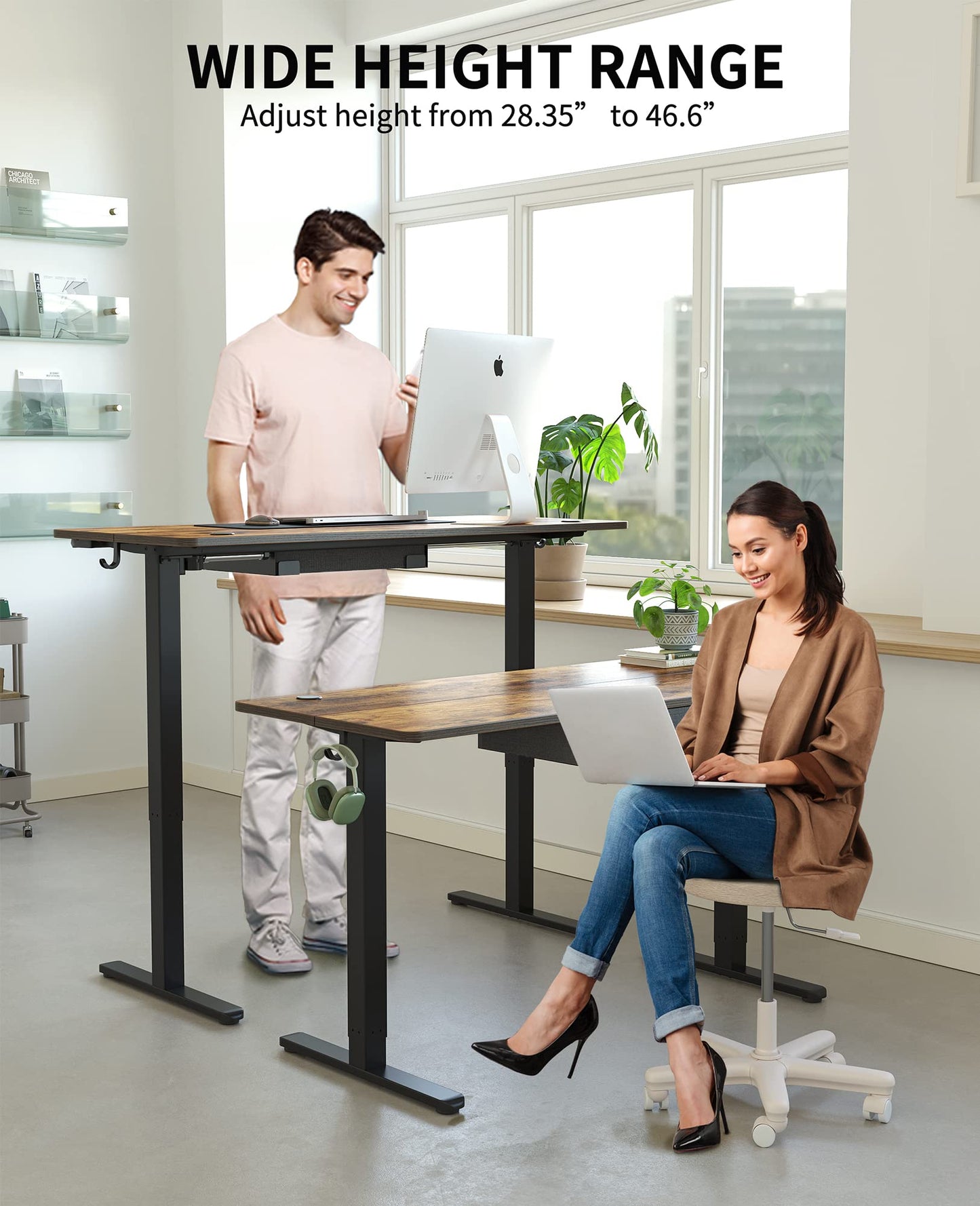 BANTI Adjustable Height Standing Desk with Drawers, 55x24 Inches Electric Stand Up Desk, Sit Stand Home Office Desk with Black Frame/Rustic Brown Top