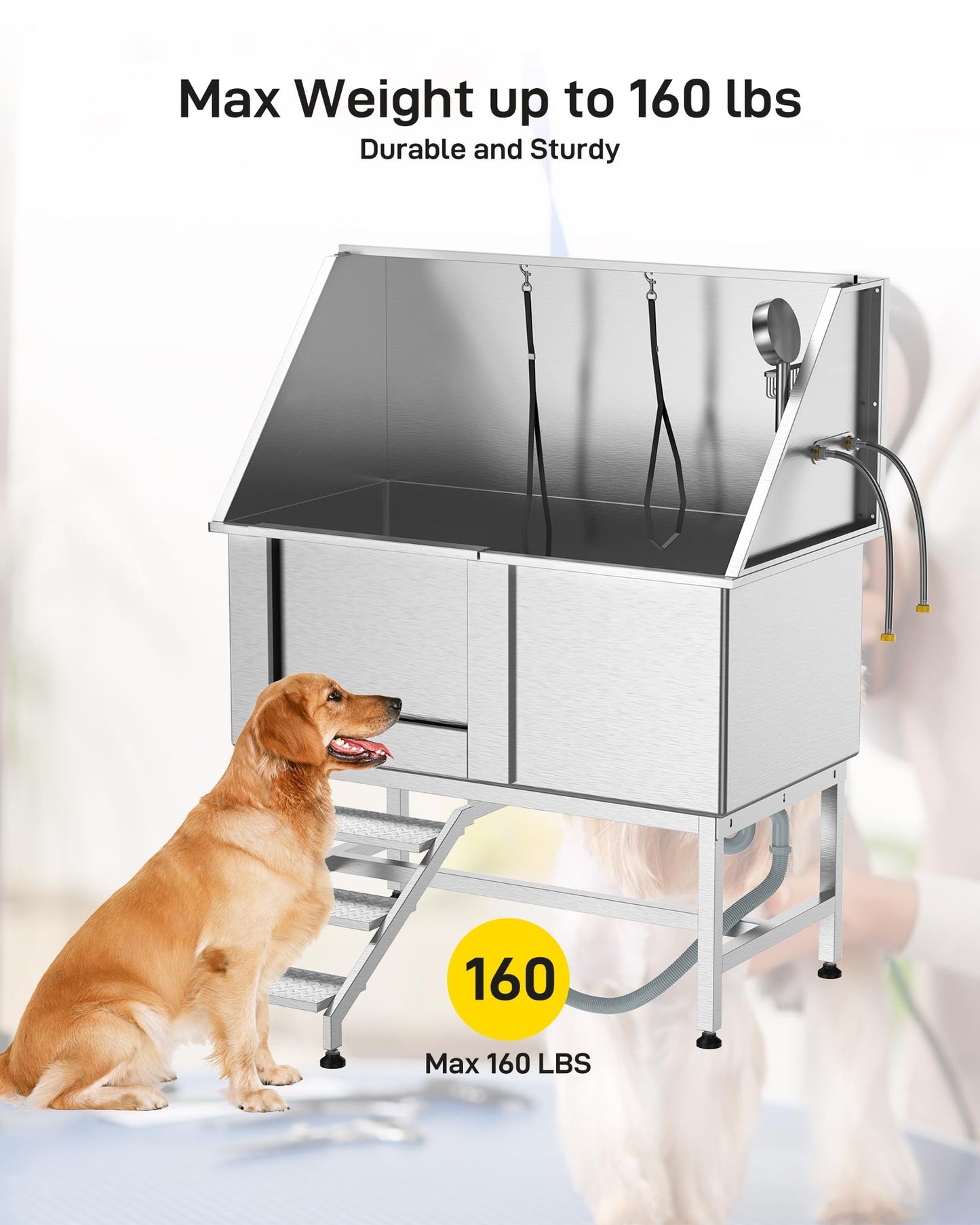 DEXSO 50" Stainless Steel Dog Grooming Bathtub, Professional Bathing Station for Large Pets, Dog Bathtub with Faucet, Sprayer, Drain, Left Sliding Door & Retractable Stairs for Home