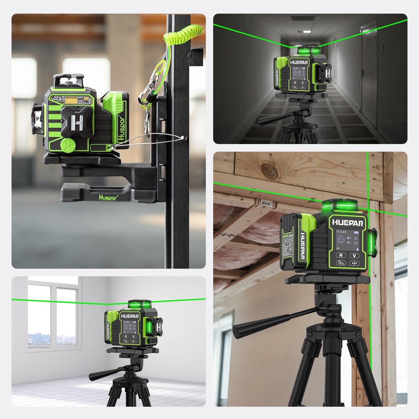 Huepar W03CG Bluetooth Laser Level 3x360 Self Leveling, 3D 12 Lines with Electric Rotating Base＆Large LCD Screen, 3 Planes Green Lazer Leveler Tool for Construction, Ceiling,Tiling, Framing, etc.