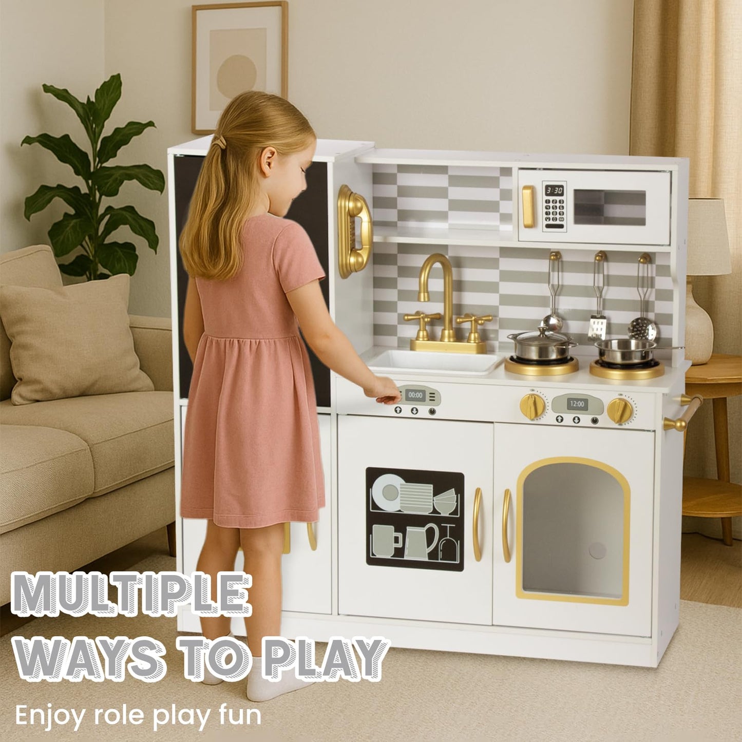 Kitchen Playset for Kids Ages 3-8, Wooden Kids Play Kitchen Chef Pretend Play Set for Toddlers, Toys Kitchen with Toy Food & Cookware Accessories