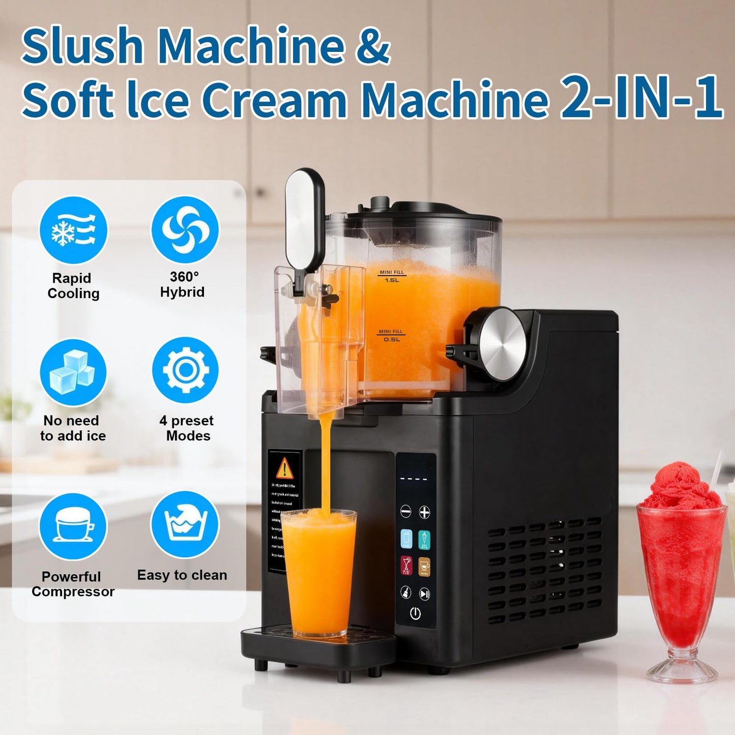 Slushie & Soft Serve Ice Cream Maker, Slushie Machine for Home,Frozen Drink Machine, No Ice Needed, Self Cleaning Slushy Machine, Perfect for Milkshake, Frozen Margaritas, Cocktail and More