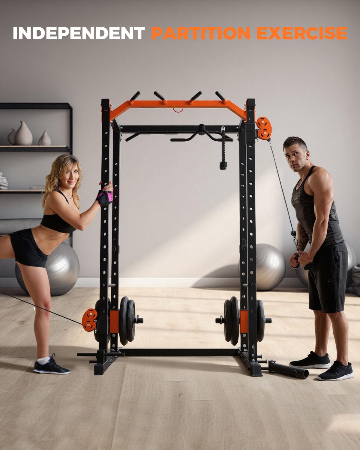 Garvee Power Cage, Power Rack with Cable Crossover System, 2000LBS Squat Rack with LAT Pull Down System, Workout Cage with Pulley System for Fitness Home Gym Strength Training, Orange & Black