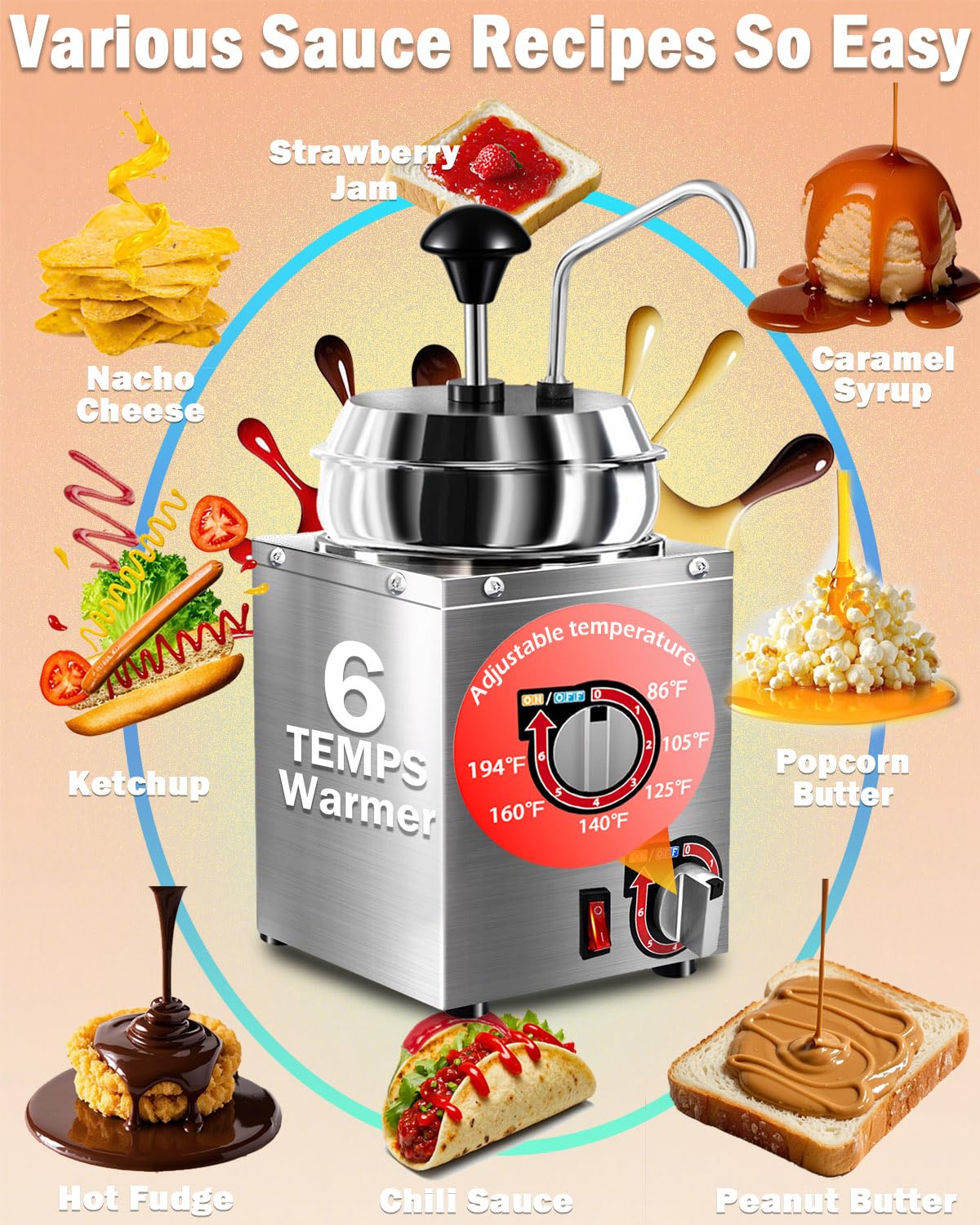 Nacho Cheese Dispenser, 7.4Qt Nacho Cheese Warmer with Stainless Steel Pump, Hot Fudge Warmer with 6-Level Temperature Adjustment, Commercial Sauce Dispenser Machine for Butter Cheese Caramel Syrup