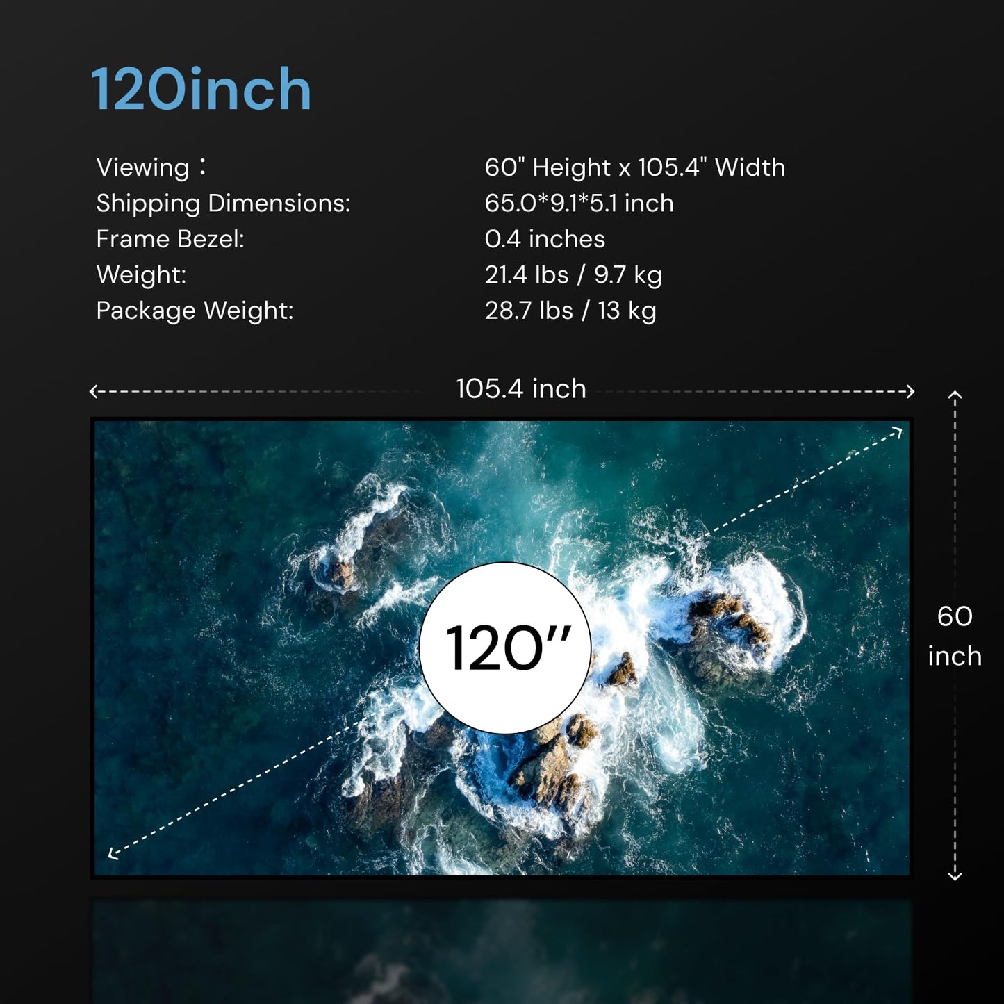 Valerion 120-inch Fixed Frame Projector Screen, 1.3 dB Gain, 80% PQE, 4K/8K Ultra HD, 3D Wall Mount Projector Screen, Works with Long Throw, Short Throw & Ultra Short Throw Projectors