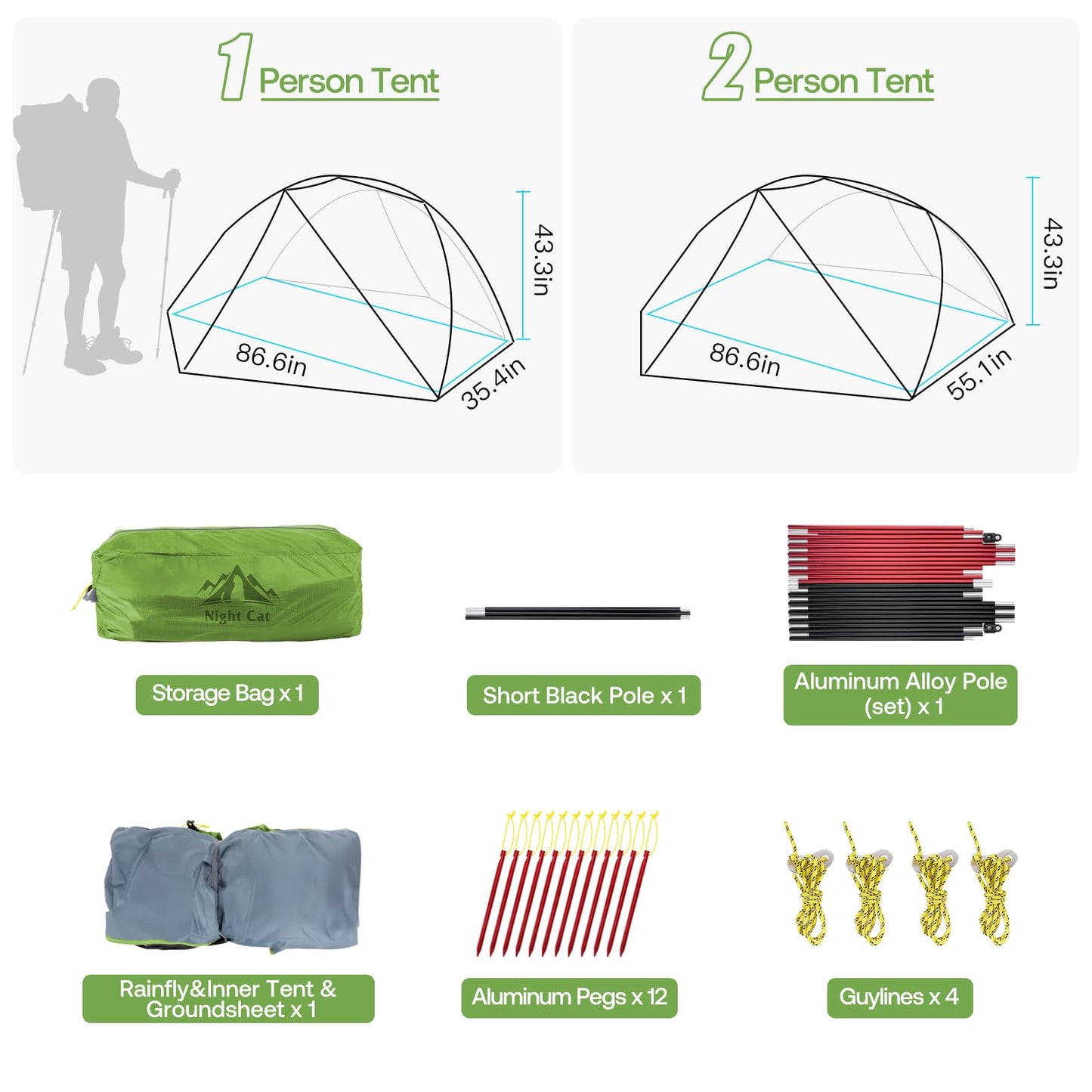 Night Cat Ultralight Backpacking Tent: Waterproof Lightweight Single People Camping Tent for Outdoor Hiking Trekking with Double Layers Aluminum Poles and Footprint 1 Person Green