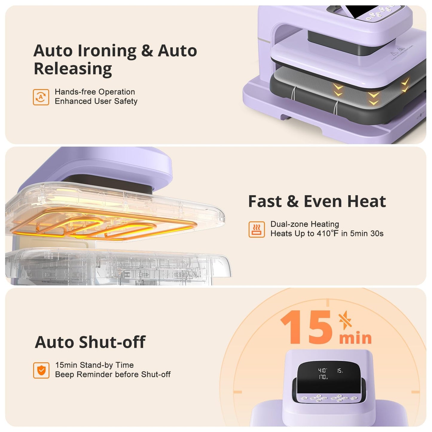 HTVRONT Heat Press Machine for T Shirts Purple - Auto Heat Press 2 with Adjustable Pressure & Higher Heating Height + 5 Pack Polyester T-Shirts Blanks - White Crew Neck Short Sleeve Shirts