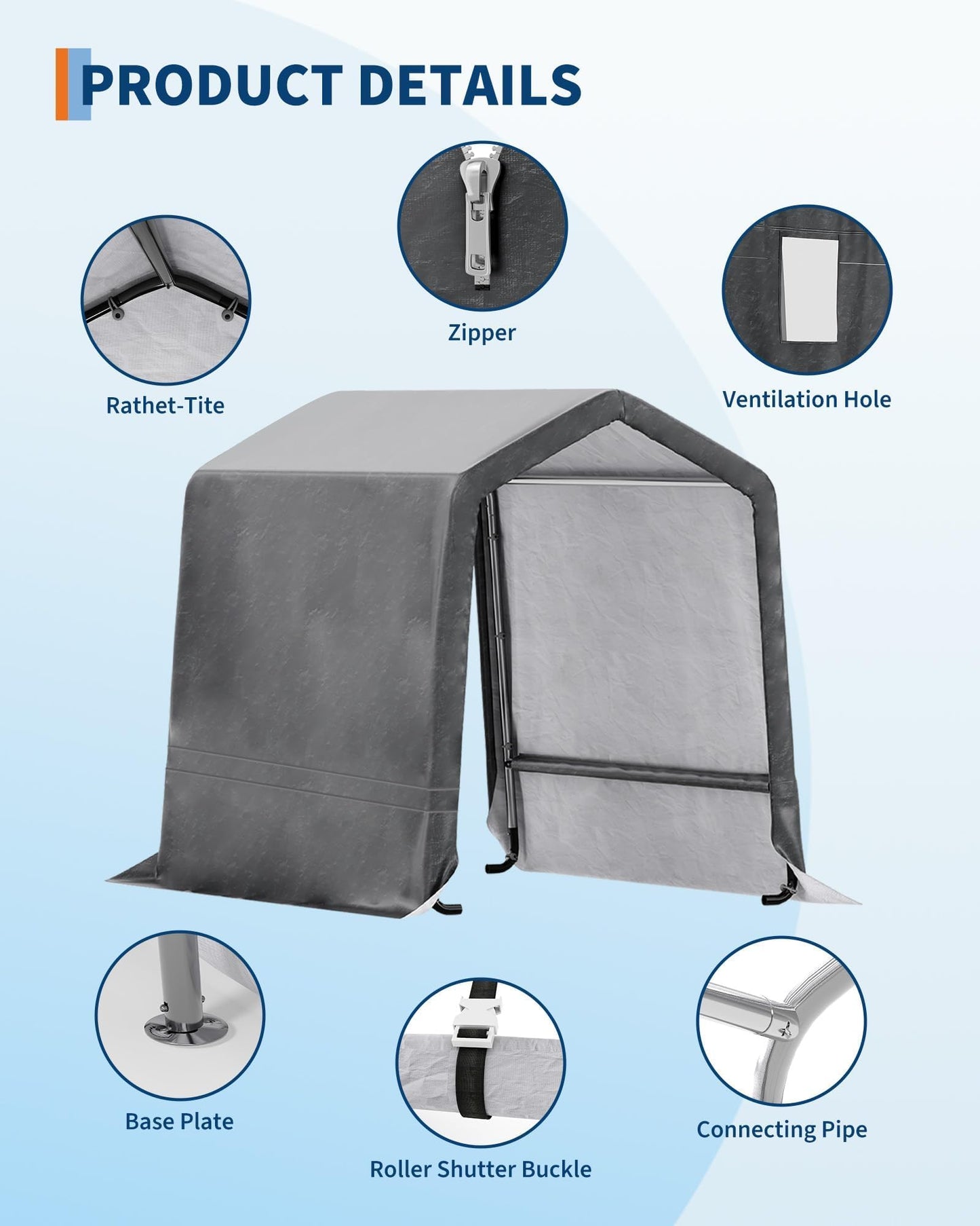  6X8 FT Heavy-Duty Portable Outdoor Storage Shed with Roll-Up Zipper Door & Vent, 240g Waterproof Carport Storage Shelter, UV-Resistant Canopy for Motorcycle, Firewood, Tools -Gray ﻿