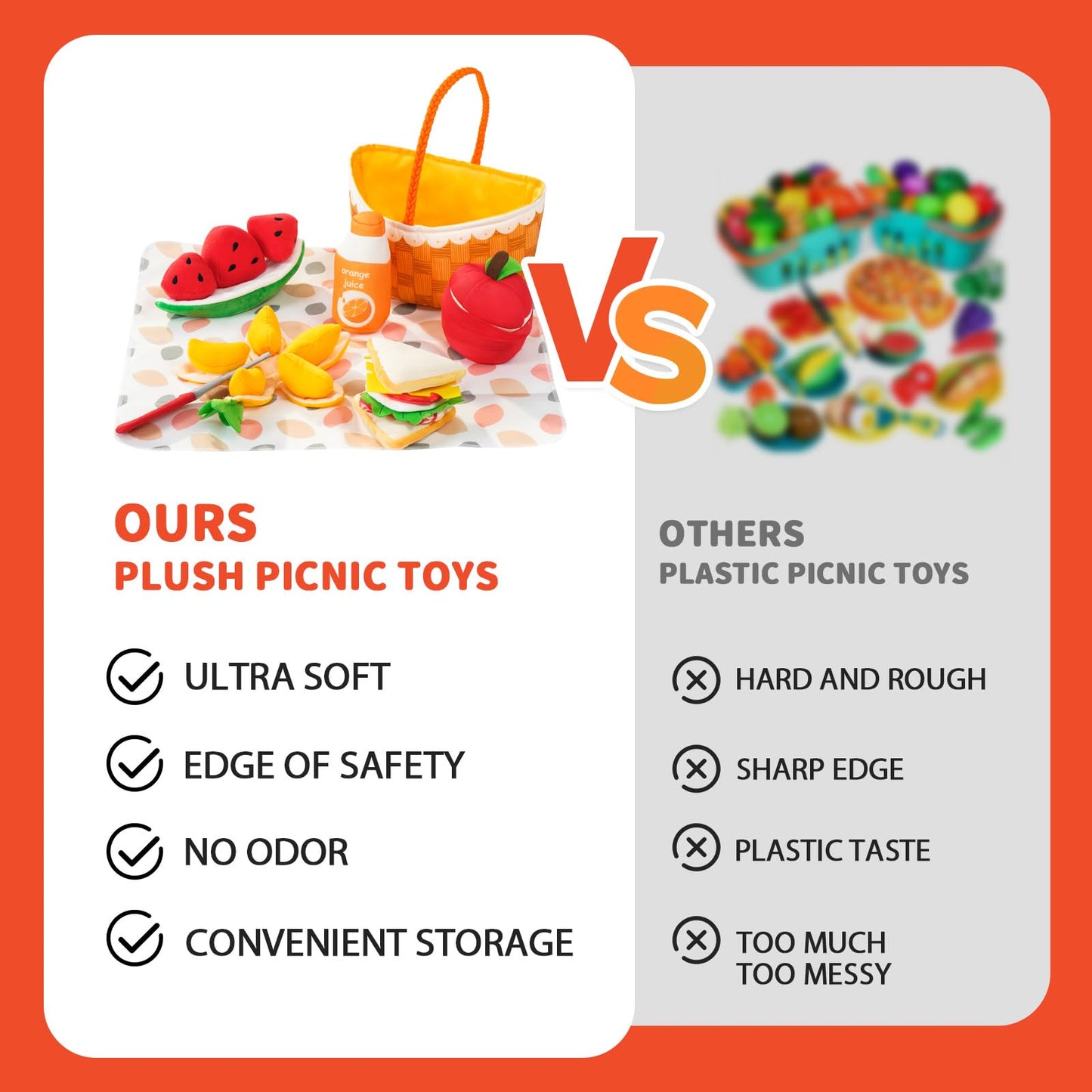 Jollybaby Soft Picnic Basket Cutting Play Food Toys for Baby 6-12-36 Months, Montessori Sensory Felt Fake Food Toy for Toddler 1-3, Birthday Gifts for 1 Year Old Boys and Girls