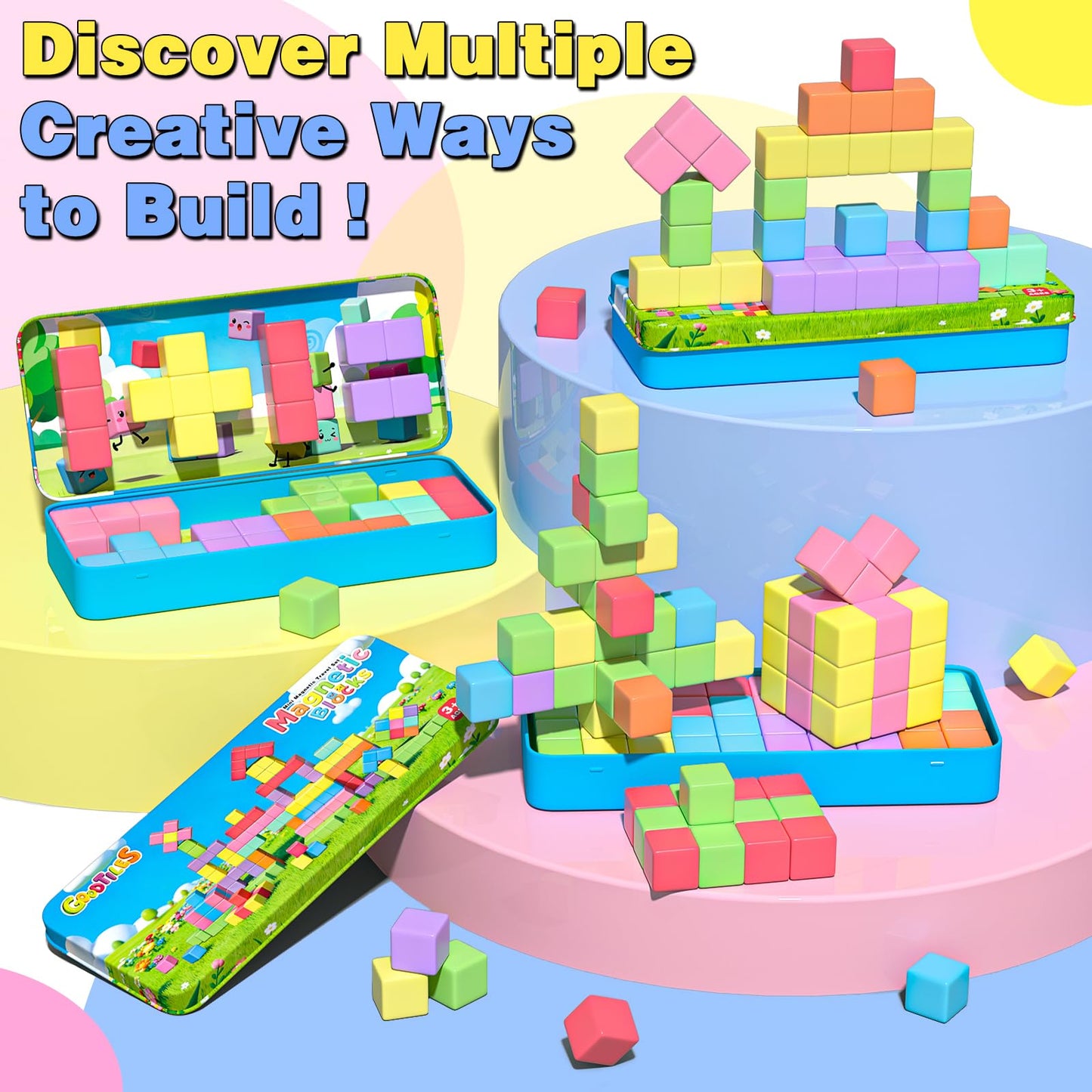 Goodtiles Mini Magnetic Blocks, Travel Outdoor Toys for Kids Ages 3-5 4-8, Magnet Cubes with Iron Box, STEM Montessori Sensory Building Toys, Ideal Gifts for Toddlers Boys Girls Birthday