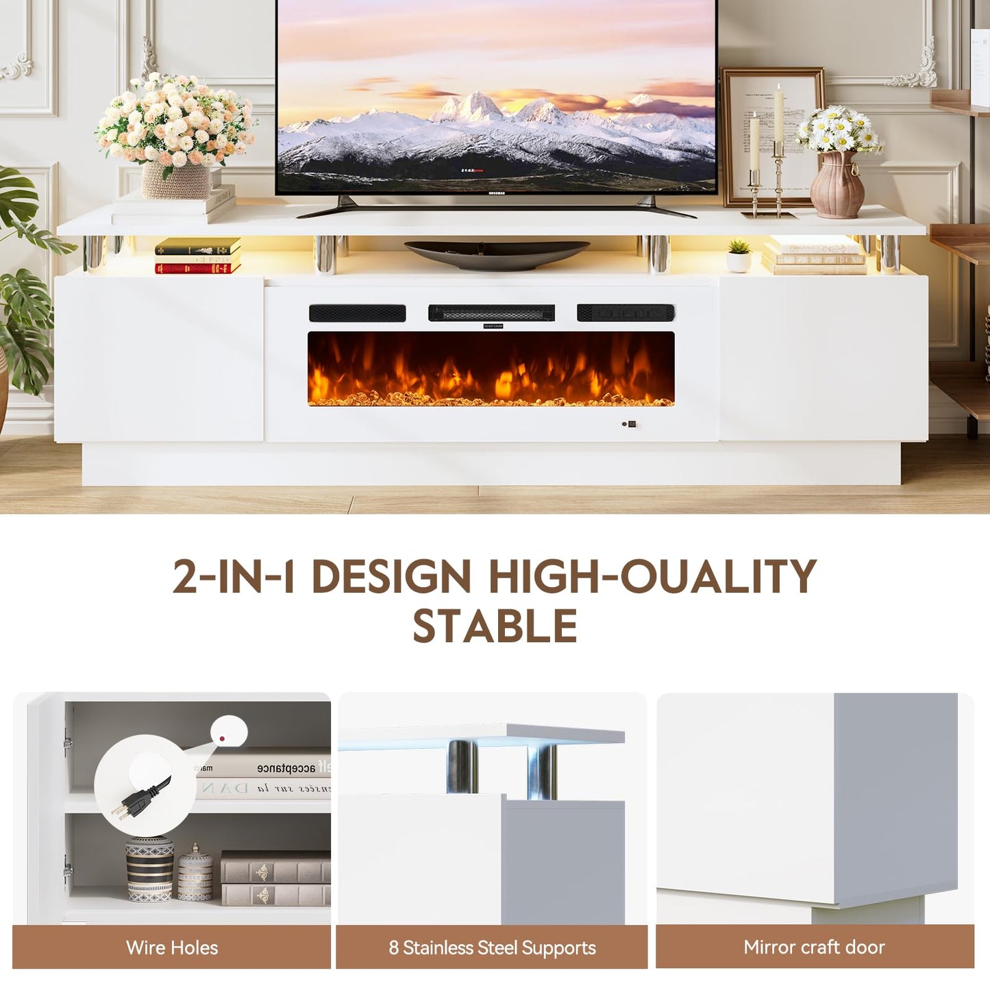 OneBlis 70" TV Stand for Living Room, Entertainment Center & Media Console with Storage, Fits TVs up to 80", Modern TV Cabinet with Shelves, 36" Electric Fireplace (All White)