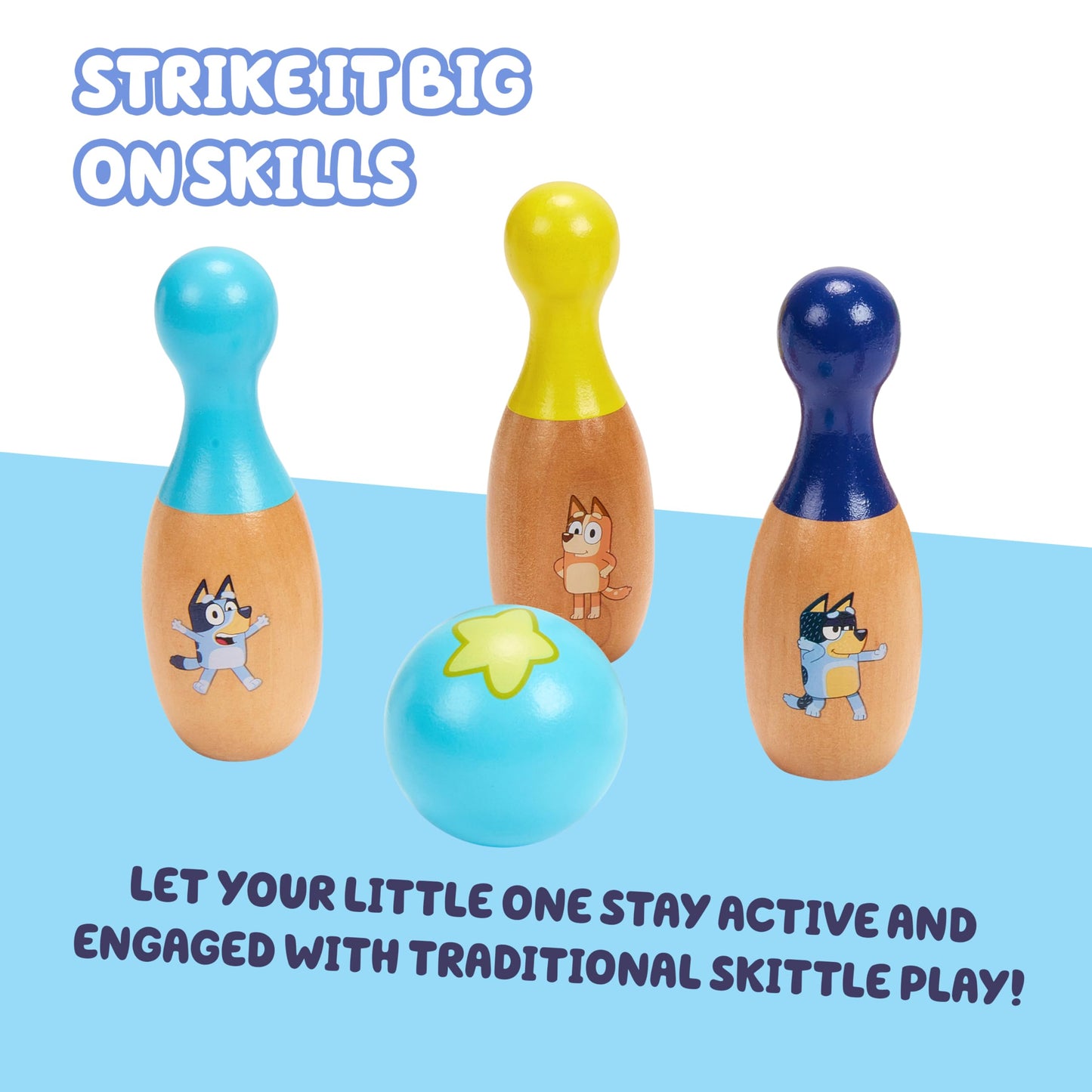 Bluey Wooden Bowling Set – Skittle Game with 6 Character Wooden Bowling Pins, Durable Toy for Kids Ages 3+, Indoor & Outdoor Play