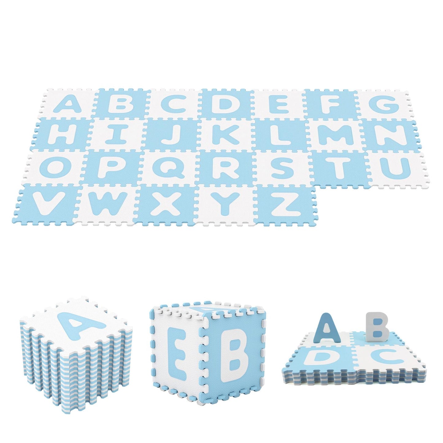 HONEY JOY Foam Floor Tiles for Kids, 12.5” x 12.5” EVA 26-Piece Interlocking Alphabet Puzzle Play Mat, Non-Slip Large Soft Carpet Rug, Easy to Clean, for Baby Crawling Exercise, Playroom (Blue)