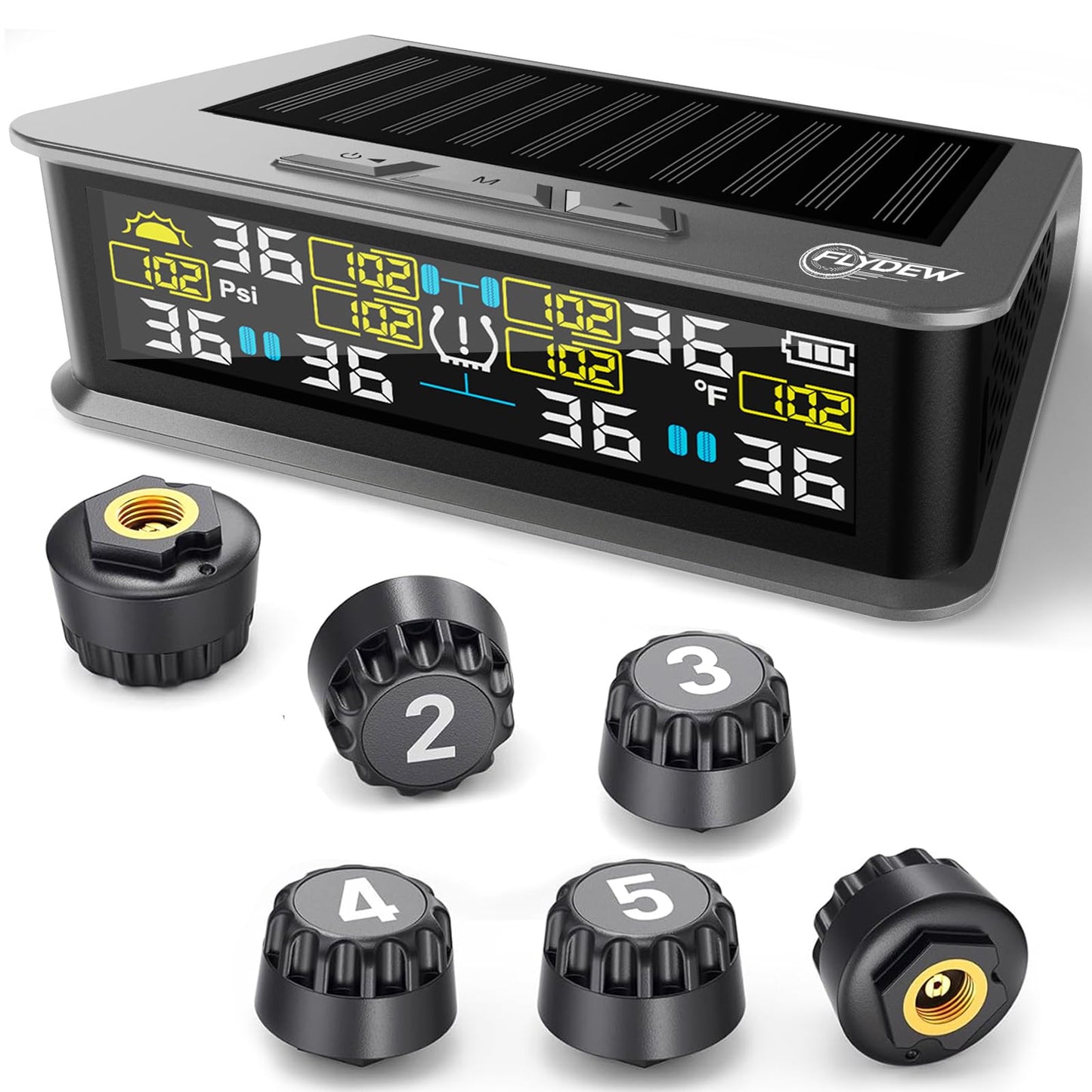 6-Wheel RV Tire Pressure Monitoring System (TPMS) - 6 Sensors & 6 Alarm Modes | 0-144 PSI ±1.5PSI, Solar/USB Charging | for Dually Trucks & Heavy-Duty Trailers