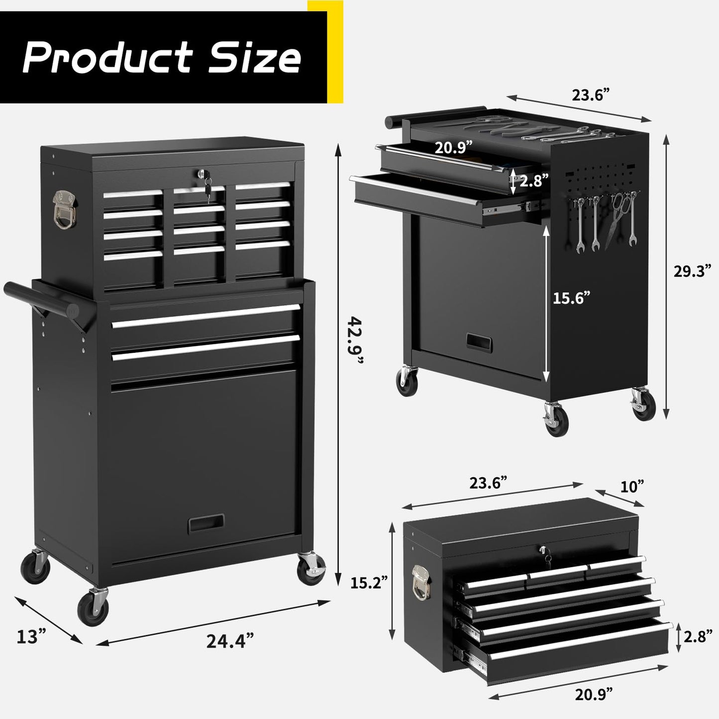 On Shine 8 Drawer Rolling Tool Chest, Large Capacity Rolling Tool Box with Wheels, Locking Mechanical Tool Chest, Portable Tool Box with Sliding Drawers for Garage Workshop and Tool Room (Black)