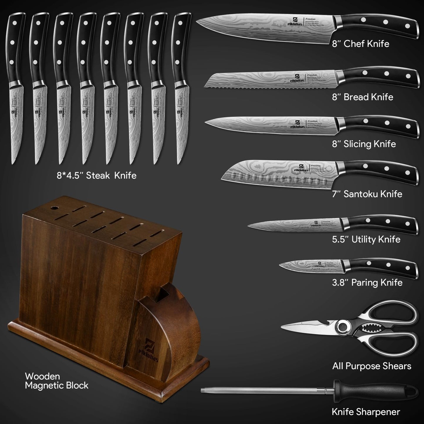 Piklohas Knife Sets for Kitchen with Block, 17 Pieces with Magnetic Knife Holder, German High Carbon Stainless Steel Damascus Pattern Chef Knife Set