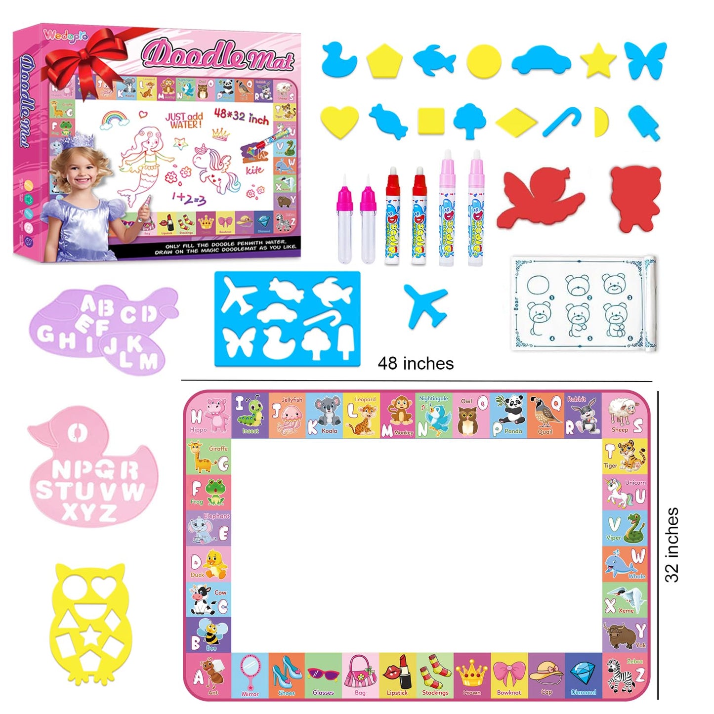Toddlers Toys Water Doodle Mat: 48 X 32 Inch Large Mess Free Coloring & Drawing Mat - Instant Drying - Kids Educational Toys for Girls Age 3-5 Home Activities - Birthday/Christmas Gifts for Girls Boys