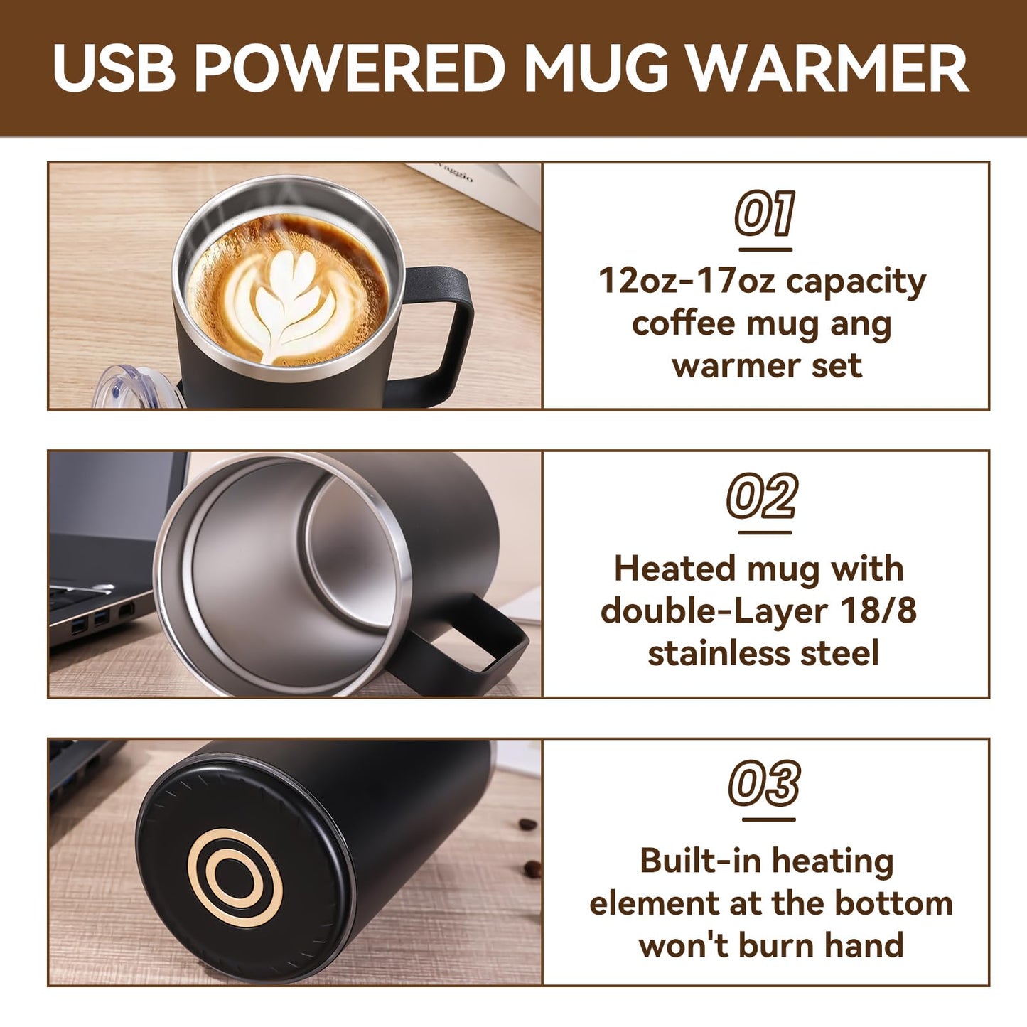 Smart Electric Heated Mug with 10Hrs Auto Shut Off, Coffee Warmer with Mug Set, USB Powered Self Heating Coffee Cup 12oz-Black