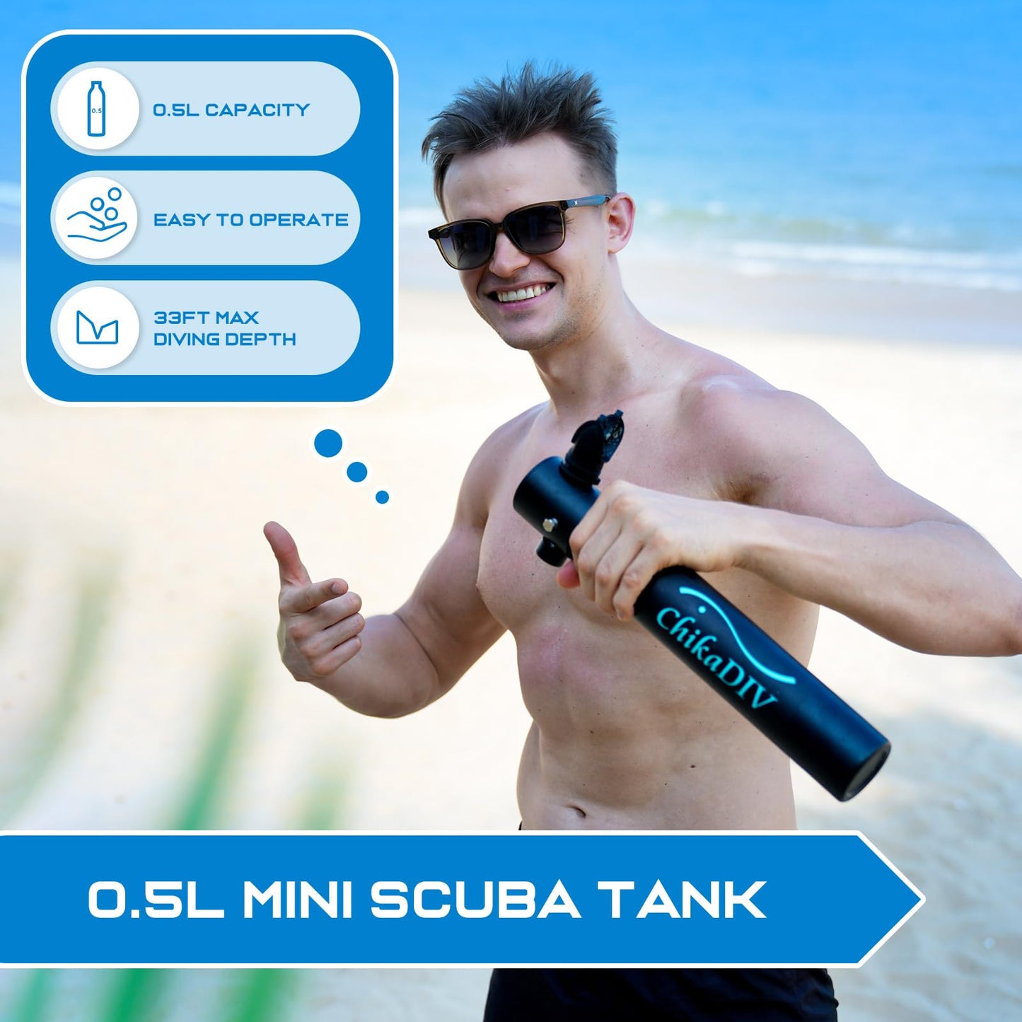 CHIKADIV Mini Scuba Tank with Pump,Portable Diving Tank,0.5l Lung Tank for Snorkeling Diving, Reusable Scuba Diving Kit Gear with Pump Underwater Breathing Training, Emergency Rescue (C Black)