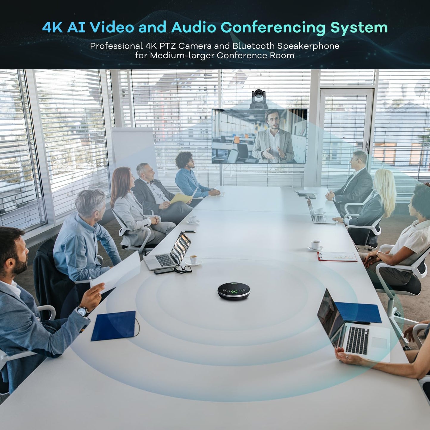 TONGVEO 4K AI Auto Tracking PTZ Conference Camera System with Bluetooth Speakerphone & Microphone, 20X Optical Zoom, USB3.0 HDMI LAN PoE Power Camera for Church Worship, Meetings, Streaming