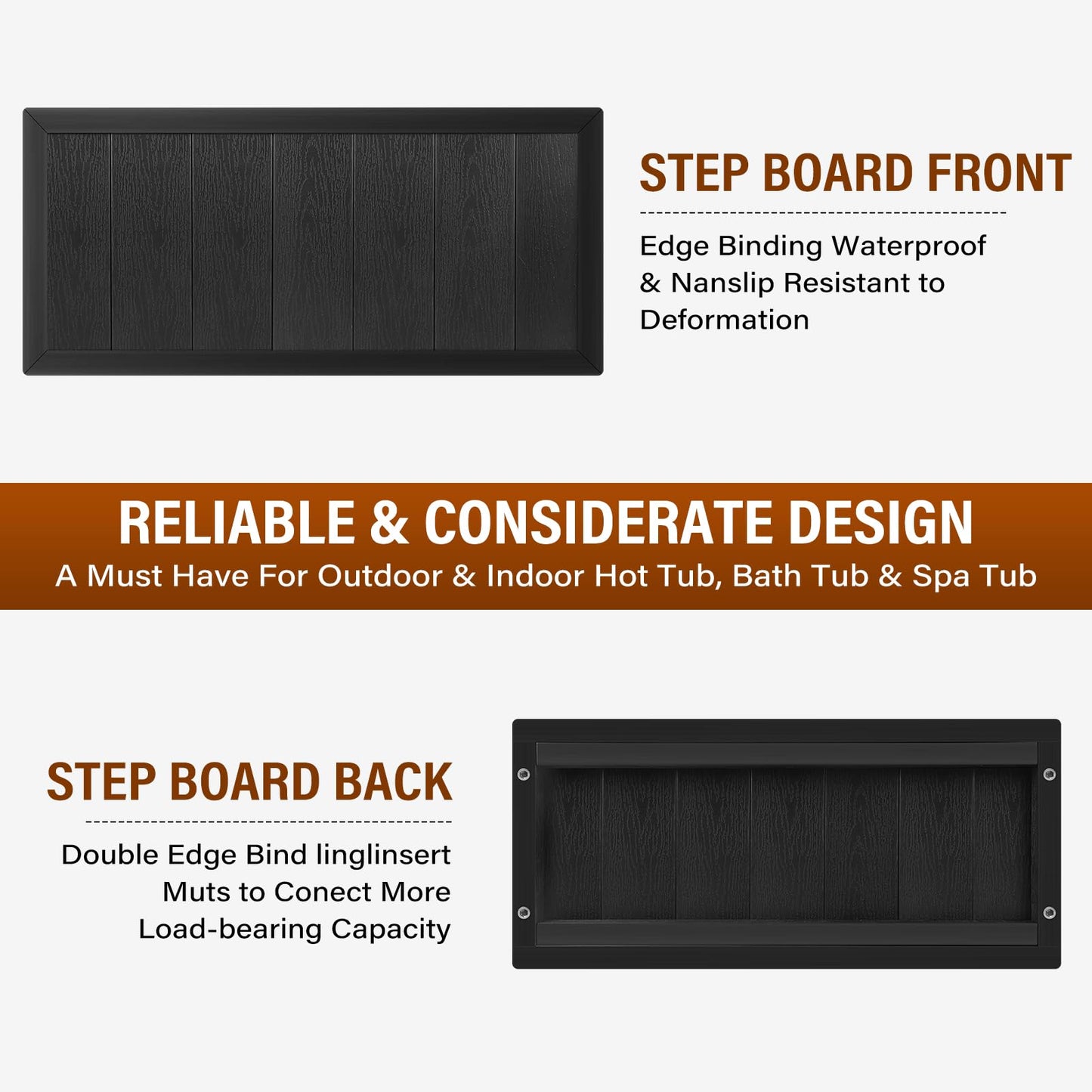 Heavy-Duty Hot Tub Steps, All-Weather Wood-Plastic Composite 2-Step Outdoor Spa Steps, 600LBS Capacity, Anti-Slip Surface, Durable Bathtub Steps for Outdoor/Indoor Hot Tubs, Pools, and Spas (Black)