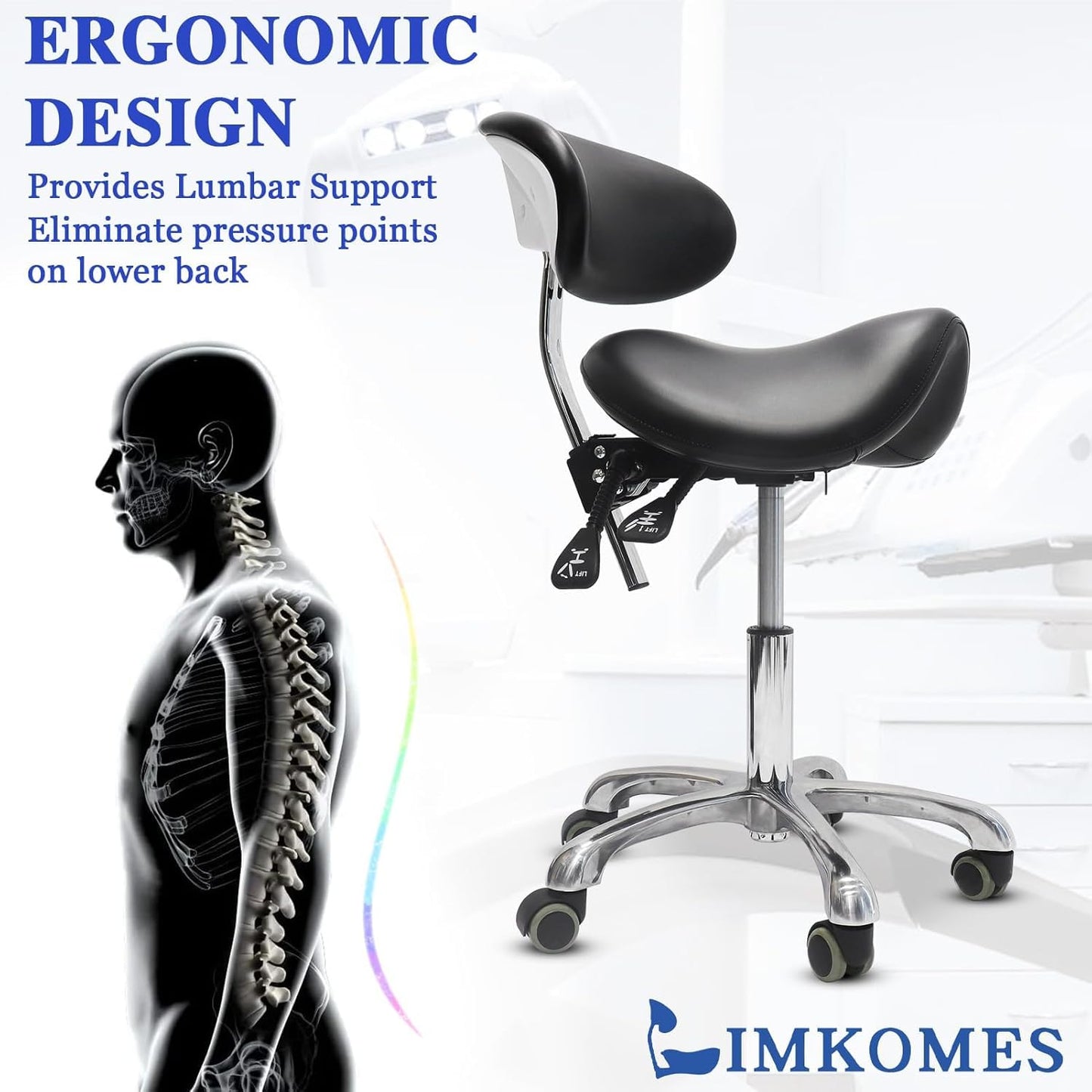 LIMKOMES Saddle Stool with Wheels,3-Way Function Rolling Stool with Back Support,Ergonomic Stool Saddle Stool for Hair Stylist for Dentist Salon Tattoo(Black)