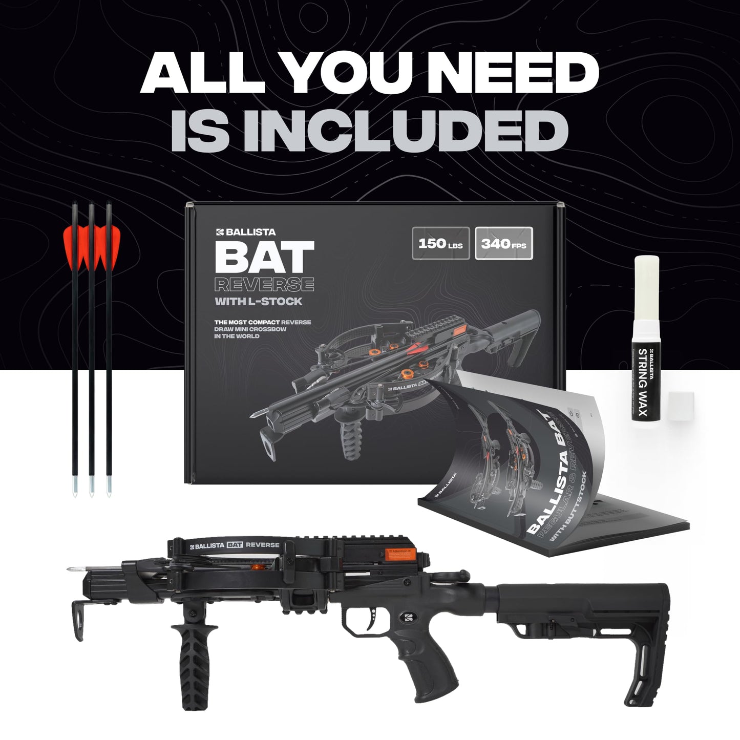 BALLISTA BAT Reverse L-Stock Draw Compound Crossbow for Hunting, Fishing and Target - Fast 340 fps, Powerful 150 lbs, Lightweight 4 lbs