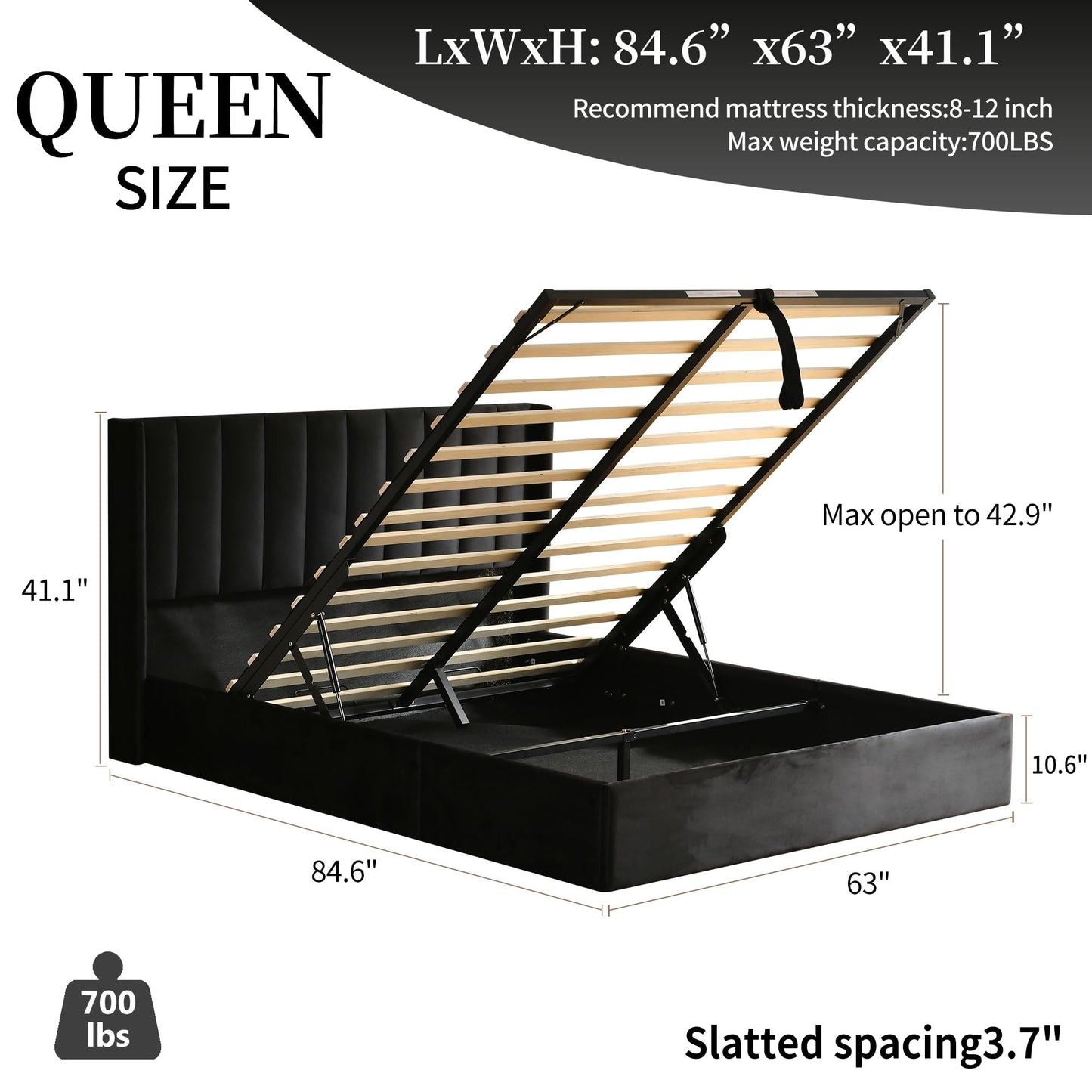 YUHUASHI Queen Size Hydraulic Storage Bed, Upholstered Platform Bed Frame, Modern Wingback Design Headboard, Velvet Fabric with Hydraulic Support Bars, No Box Spring Required (Black, Queen)