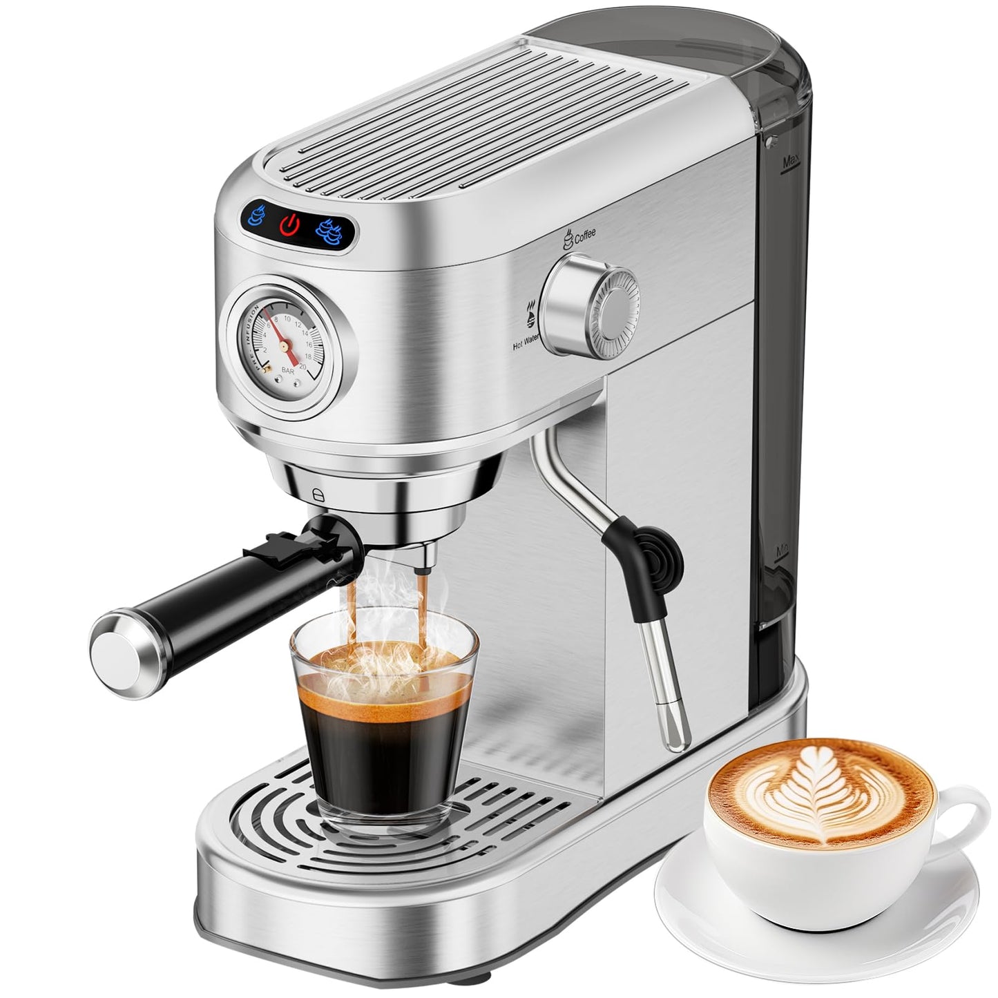 ANYCOLD Espresso Machine 20 Bar, Compact Espresso Maker, Stainless Steel Expresso Coffee Machines with Steam Milk Frother & 34oz Removable Water Tank for Cappuccino, Latte, Home Office Use, Silver