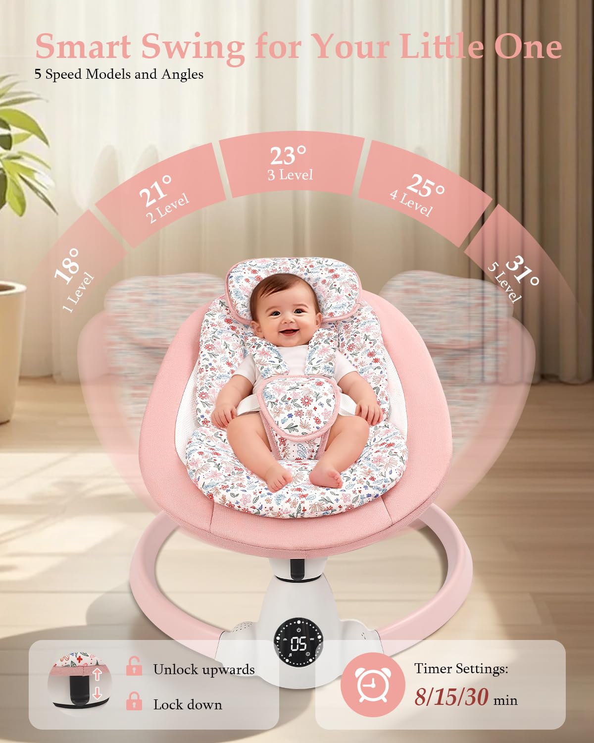 Baby Swing for Infants, Electric Baby Swing with Bluetooth, Portable Infant Swing with 5 Speeds, 10 Lullabies, 5-Point Harness & Remote Control, for Newborns Infants Indoor Outdoor Use (Floral)