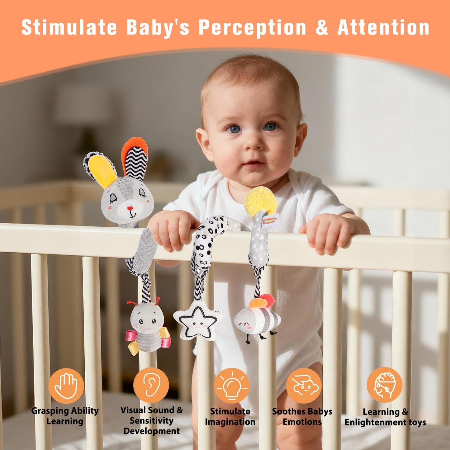 JINBOBUBU Baby Spiral Activity Toy, Stroller & Car Seat Hanging Toy for 0-12 Months, High Contrast Newborn Sensory Toy with Rattle & Crinkle Paper, Infant Travel Plush Toy for Crib Bassinet