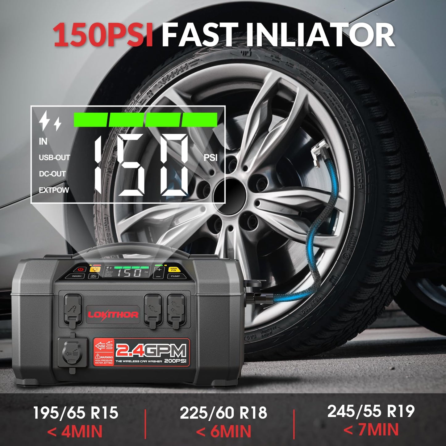 LOKITHOR JA300 1500Amp Jump Starter with 150PSI Air Compressor and AW401 2500Amp Jump Starter with 200PSI Car Washer