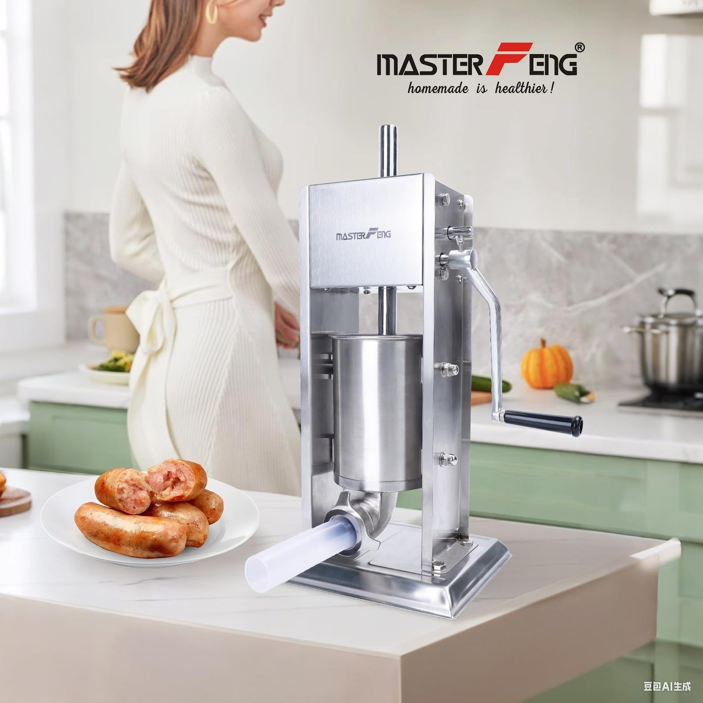 MASTER FENG Stainless Steel Sausage Stuffer, Manual 3L Capacity, Homemade Vertical Sausage Maker Two Speed Meat Filling Machine