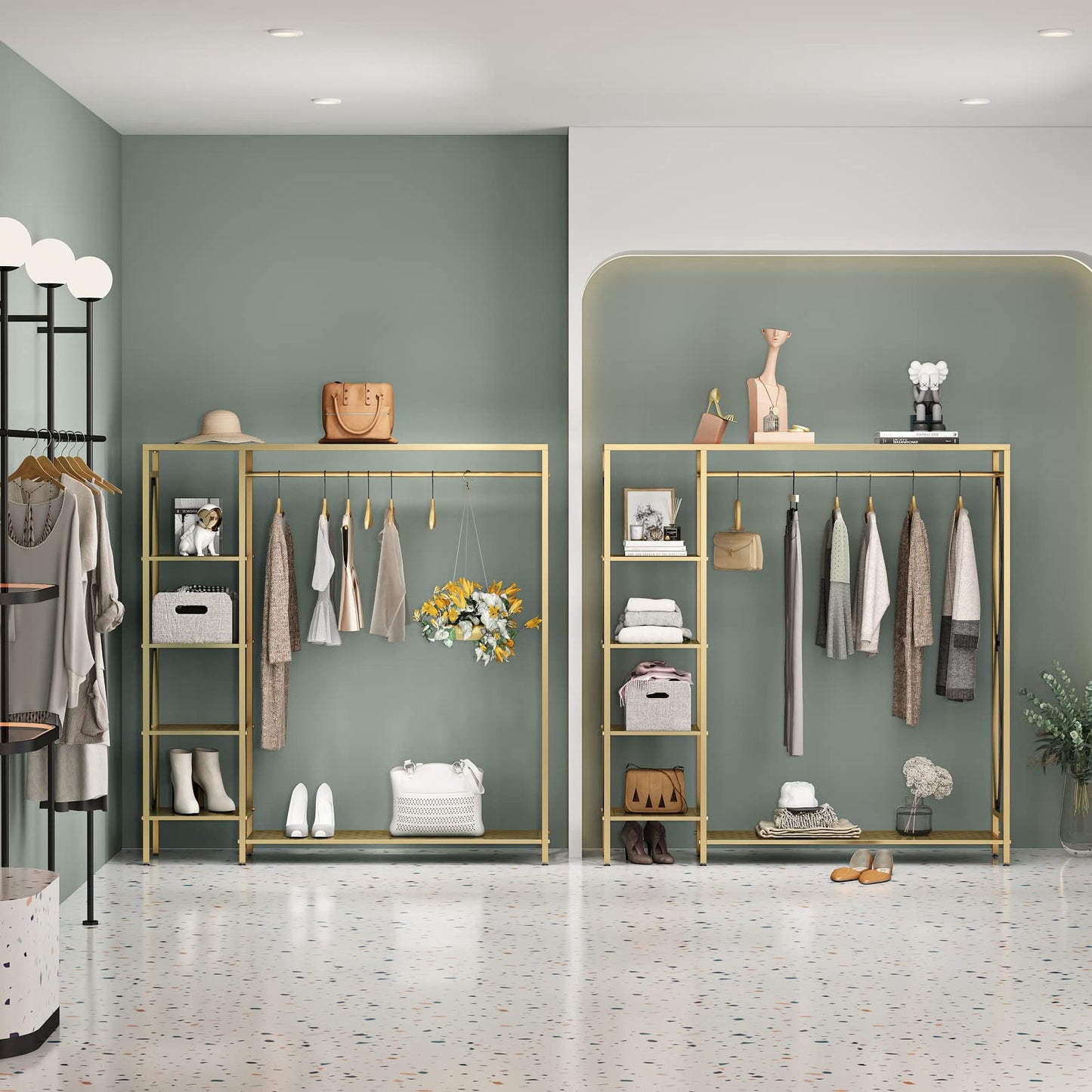 TIEOU Modern Gold Clothes Racks Free-Standing, Gold Clothing Rack with Shelves for Boutiques, Heavy Duty Garment Rack for Hanging Clothes, Large Wardrobe Closet(59''L)