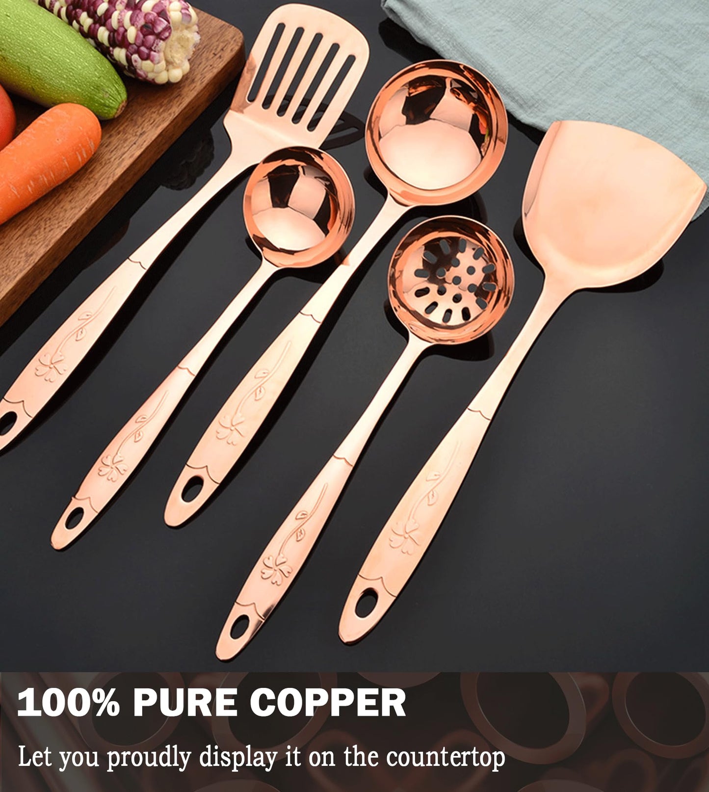 Purecopper 5-Piece Pure Copper Kitchen Cooking Utensils Set, Stylish Copper Kitchen Accessories, Cookware Set for Home or Restaurant Cooking (5)