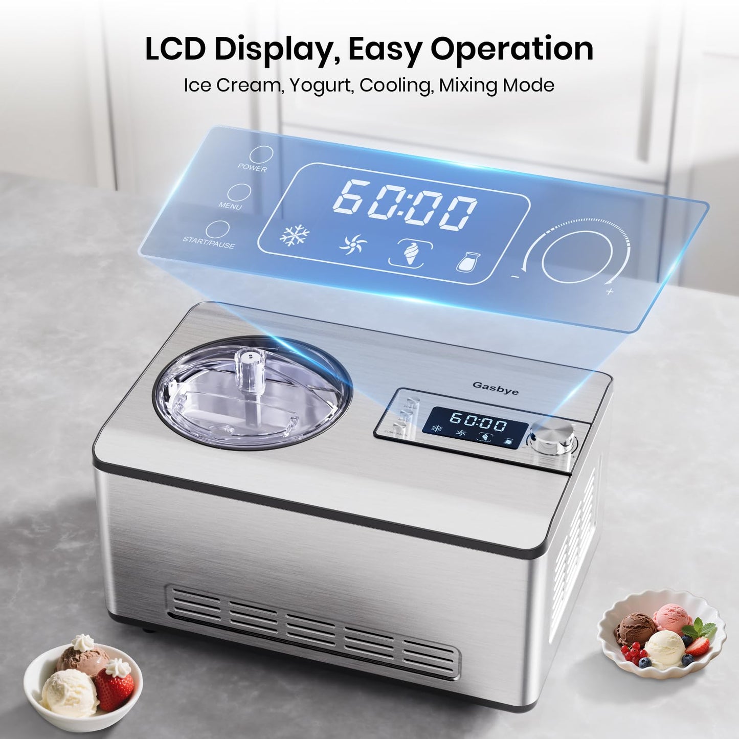 Gasbye Ice Cream Maker with Upgraded Compressor, [40% Faster Freezing], No Pre-Freezing Needed, LED Display, 2.1 Qt Capacity, Easy Operation for Ice Cream & Yogurt, Stainless Steel