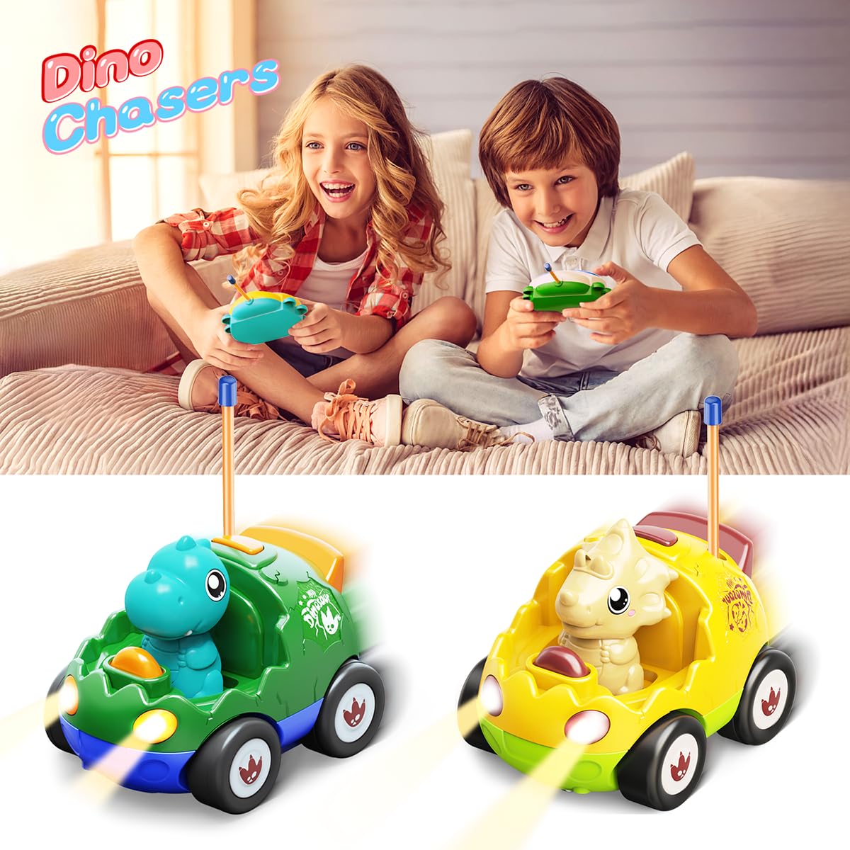 Kidz do 2 Pack Dinosaur Remote Control Cars for Toddlers 2 3 4 5 Years Old - Easter Birthday Gift Ideas for Boys Ages 2-5, Kids Dino Toys RC Vehicle with Lights and Music for Family Fun(Yellow Green)