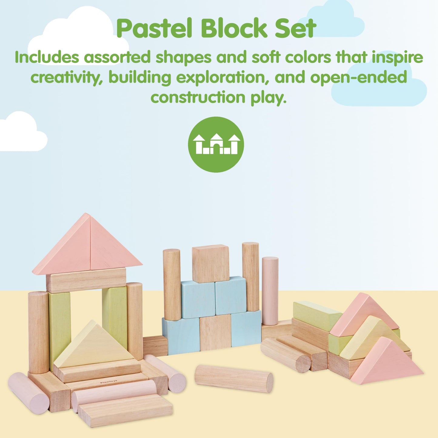 PlanToys 40 Piece Unit Block Building and Construction Block Set (5507) | Pastel Color Collection |Sustainably Made from Rubberwood and Non-Toxic Paints and Dyes