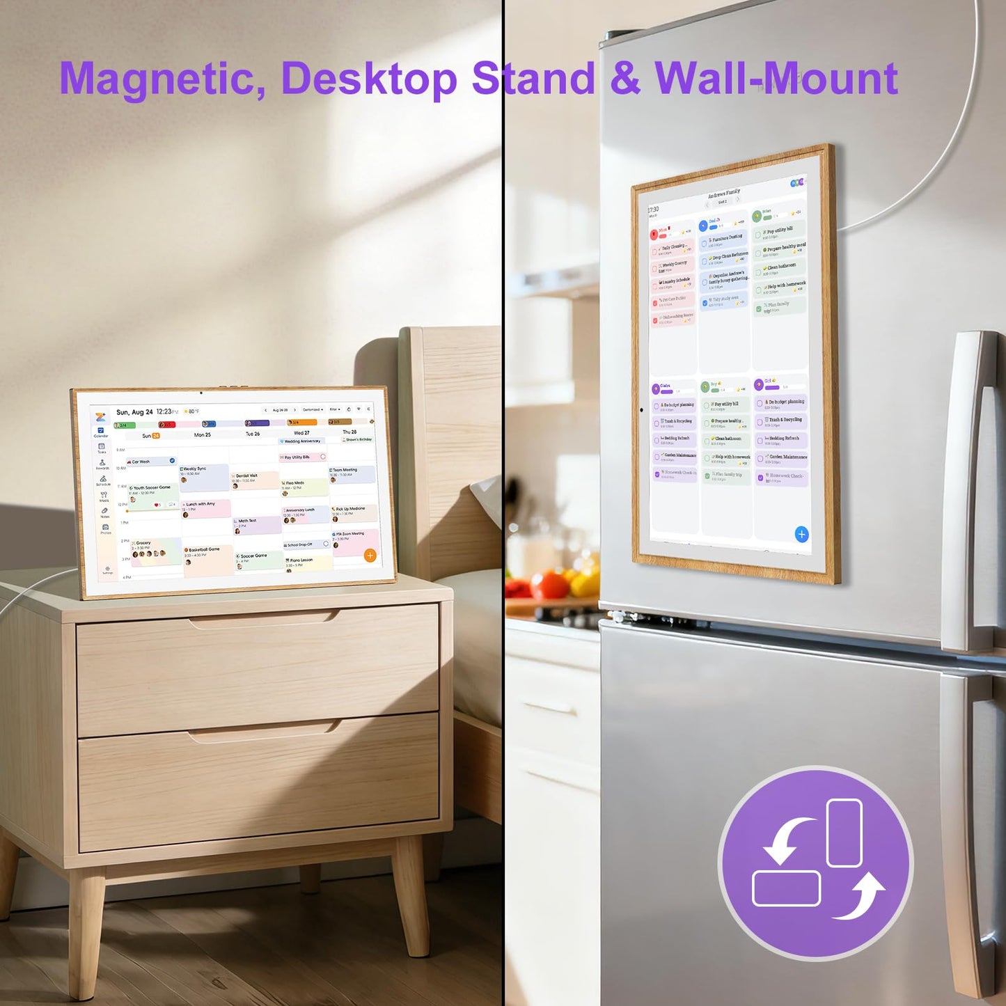 JSUSOU Magnetic Fridge Smart Digital Calendar 21.5" with FREE APP, Auto Sync Electronic Planner for Desk & Wall Touch Screen, Magnetic Refrigerator Mounted, Mothers Day Gifts for Mom, Teak Wood Grain