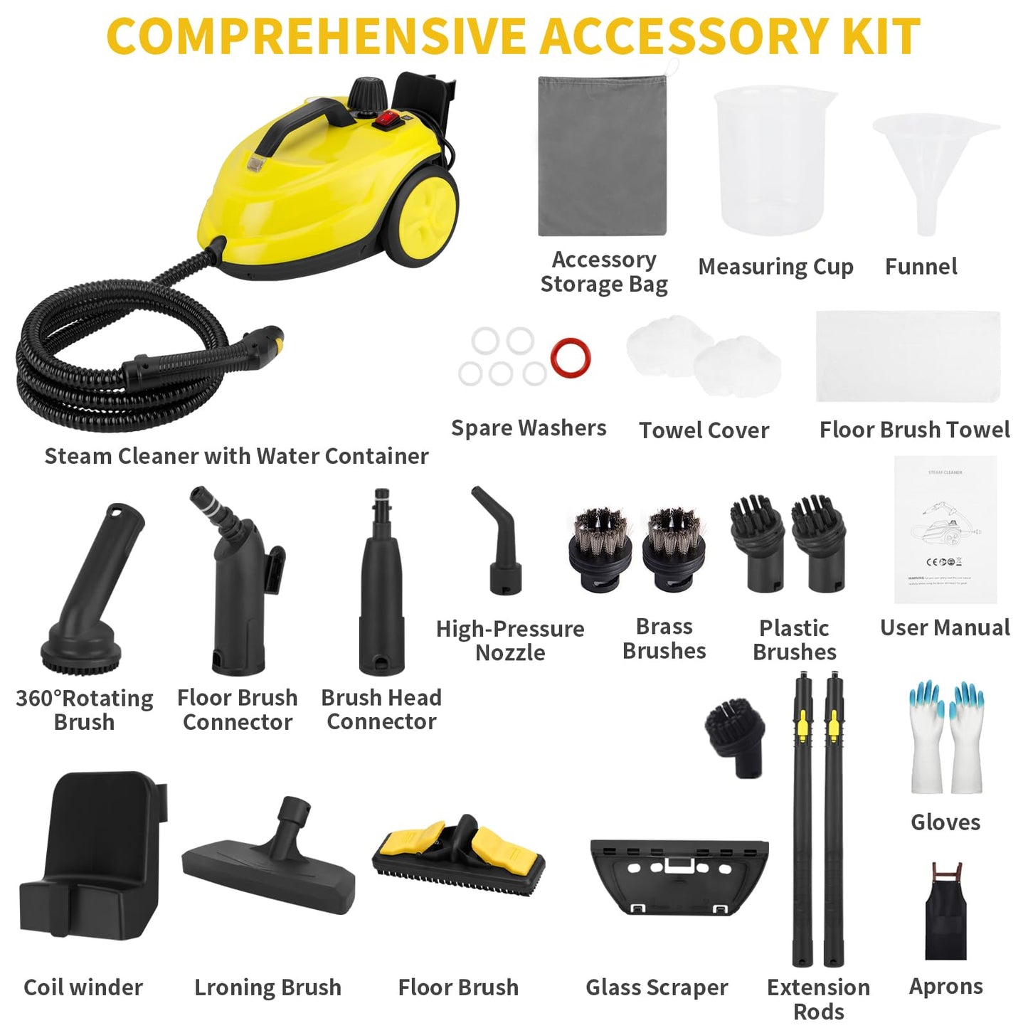 Steam Cleaner, 2000W Portable Household Steamer, 20 Accessories Included Multipurpose Steam Cleaner for Floors, Appliances,Kitchen,Playground,Car (Yellow)