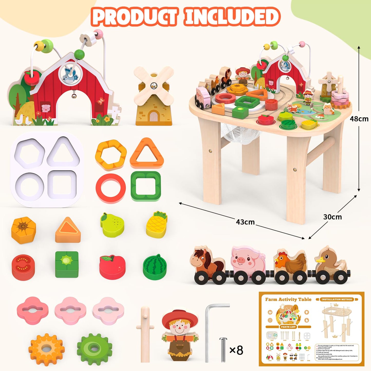 Weilim Montessori Activity Table for 1 Year Old — Wooden Sensory Table Baby Activity Center with Bead Maze, Shape Sorter, Train Track, Farm Toddler Toy, Educational Standing Play Toys, Kids 12+ Months