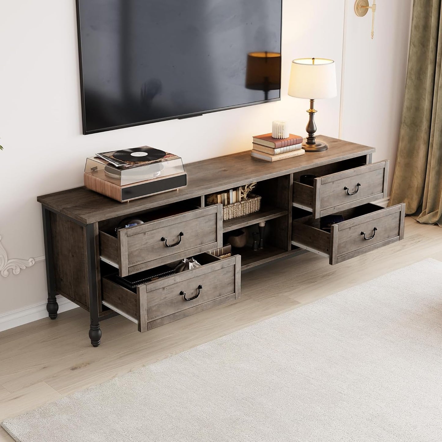 CABIHOME 70 Inch Mid-Century Modern TV Stand with Storage, Entertainment Center Featuring Metal Roman Columns and Drawer, TV Console Table for Living Room