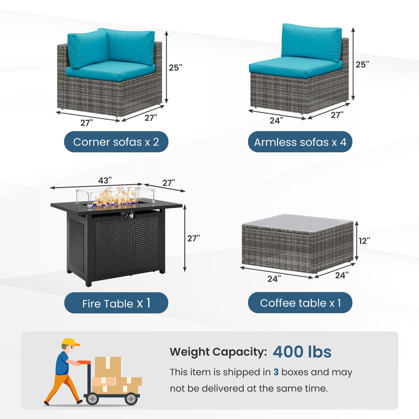 Wisteria Lane 8 Pieces Outdoor Patio Furniture Set with 43" Fire Pit Table, Wicker Outdoor Patio Sectional Sofas with Coffee Table, All-Weather Patio Conversation Set for Backyard Garden, Light Blue
