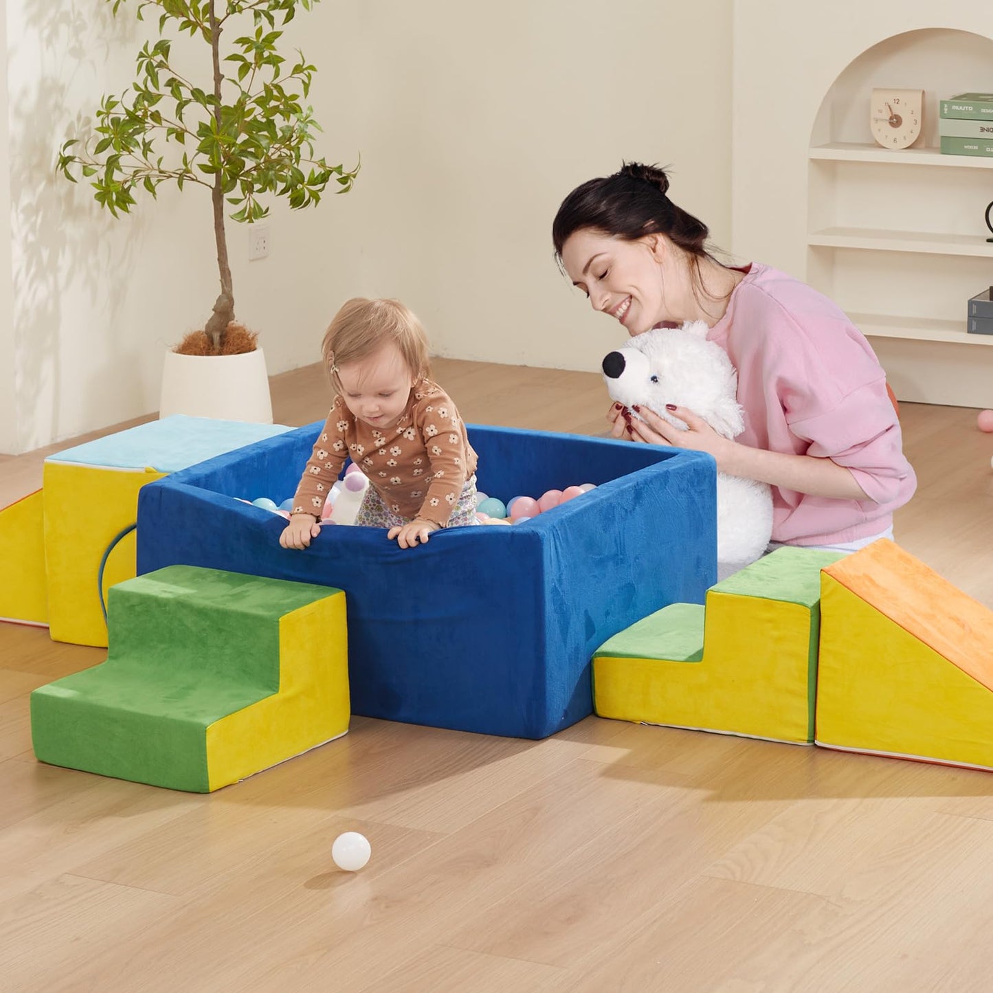 HAHASOLE Foam Climbing Toys for Toddlers with Large Ball Pit, Foam Climbing Blocks, Soft Play Climb and Crawl Activity Playset, Toddler Play Crawling Climbing Sliding Indoor(Excluding Balls)