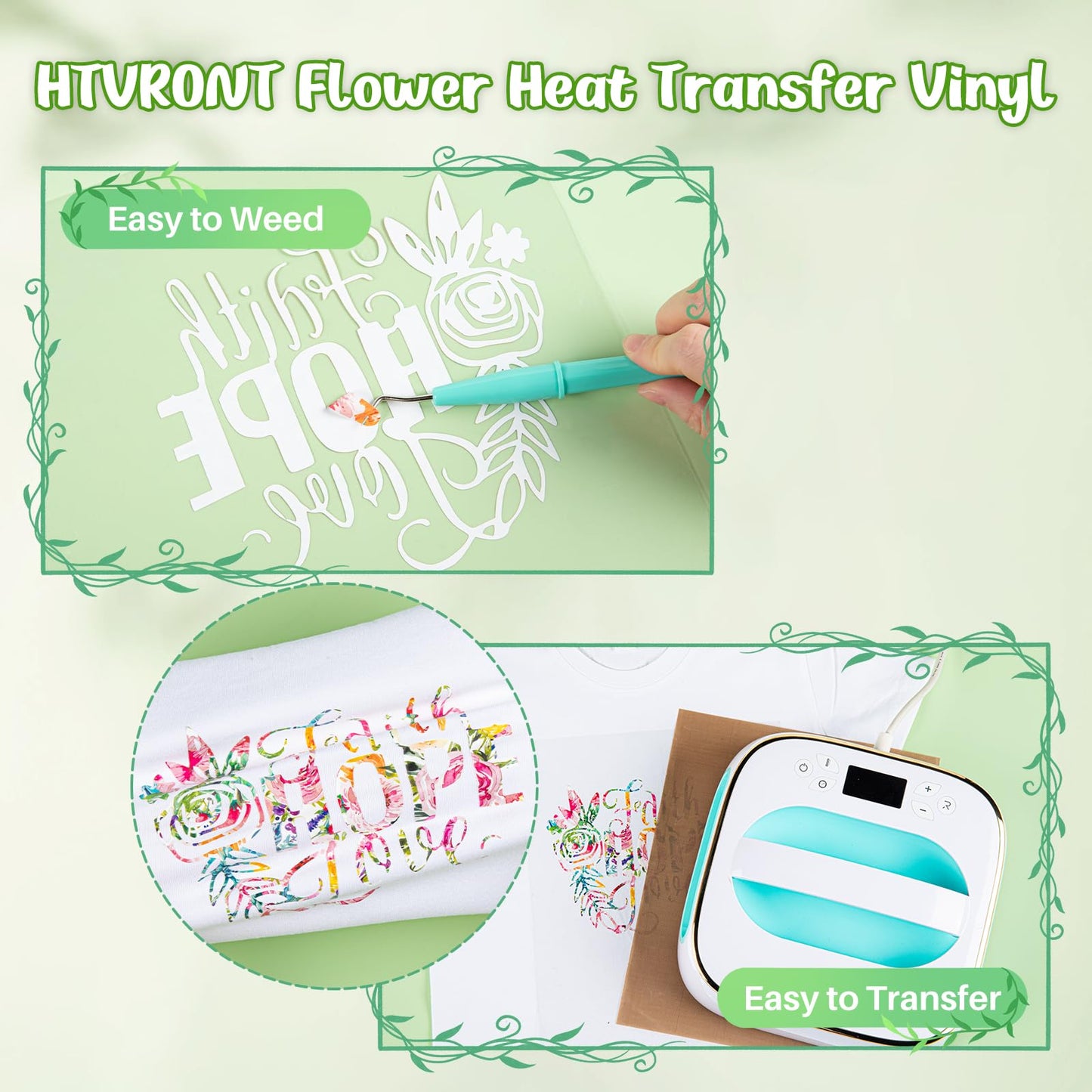 HTVRONT 15x15 Automatic Heat Press Machine & 10 Sheets 12"x10" Floral Heat Transfer Vinyl