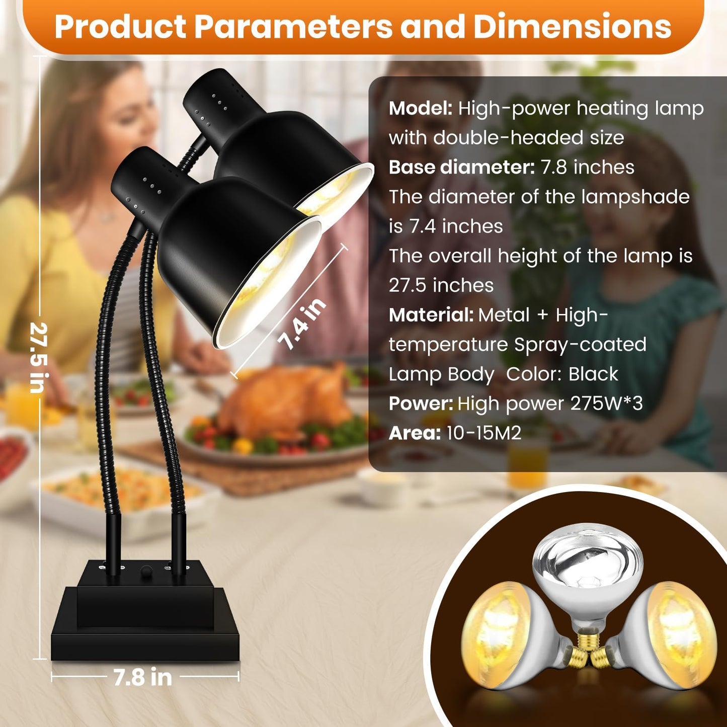 FUXULLACO Food Heat Lamp, Commercial Food Warmer 550W Dual Head Heat Lamp for Food, Stainless Steel Catering Food Warming Lamp for Kitchen Restaurant Cafeteria