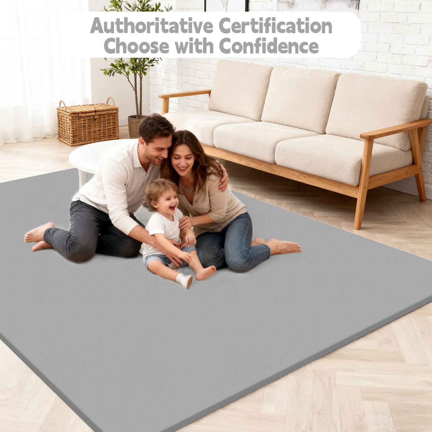 LevNubis PU Leather Baby Play Mat for Floor, 47"×47" Playpen Mat, 1.3" Thick Elasti-Foam, Non-Slip Crawling Mat for Tummy Time, Waterproof & Wipe-Clean Playmat for Toddler,Infant, Kids (Grey）