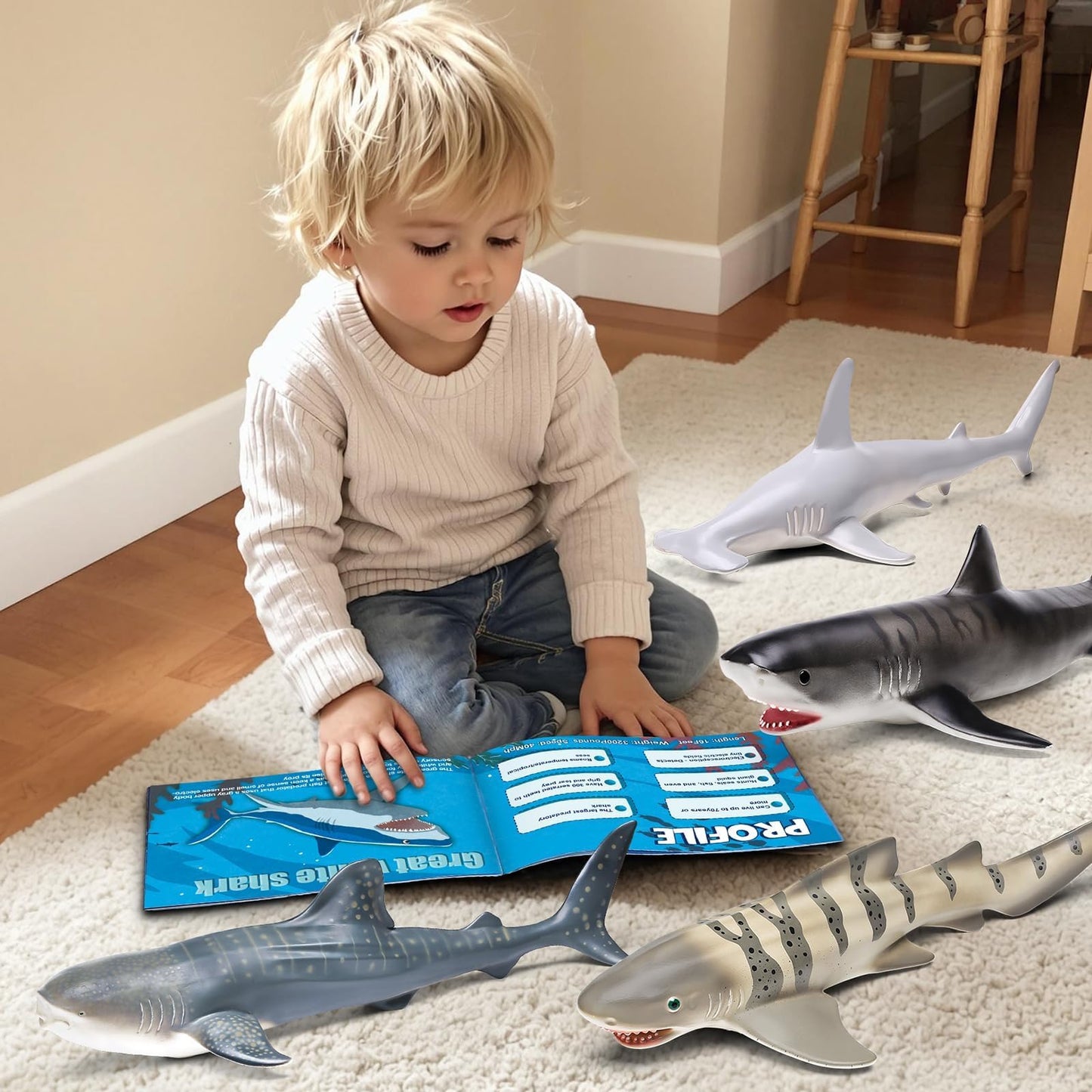 6 Pack Large Size Shark Toys(15-16 Inch) with Educational Booklet, Soft Plastic Figurines, Party Decoration, Under The Sea Creature Toy, Ocean Animal Figure for Kid Boy Girl Toddler, Cake Toppers