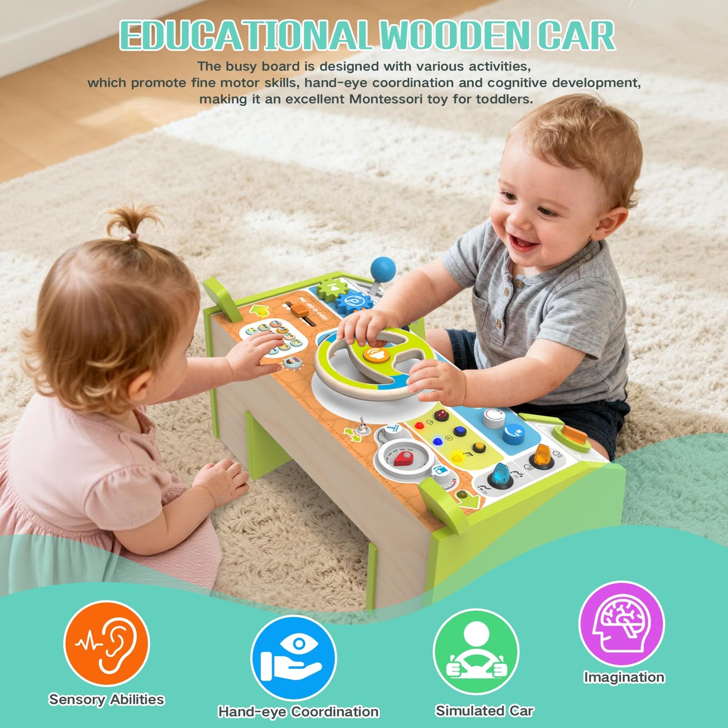Yuyctwg Montessori Car Busy Board for Toddlers, Wooden Sensory Steering Wheel Activity Baby Toy with Lights, Buttons, Gears & Key Start, Kids Interactive Educational Toys for Boys Girls