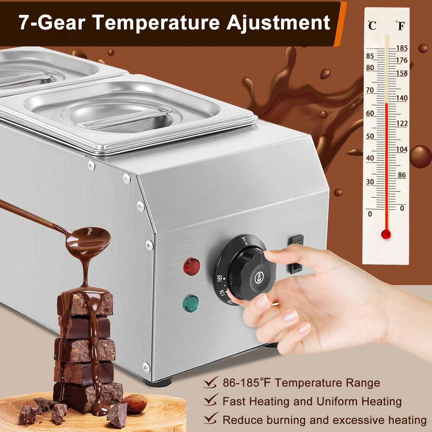 9 Lbs 2 Tanks Chocolate Tempering Machine Chocolate Melter, Chocolate Melting Pot with TEMP Control 86~185℉, 1000W Stainless Steel Electric Commercial Chocolate Warmer and Melter