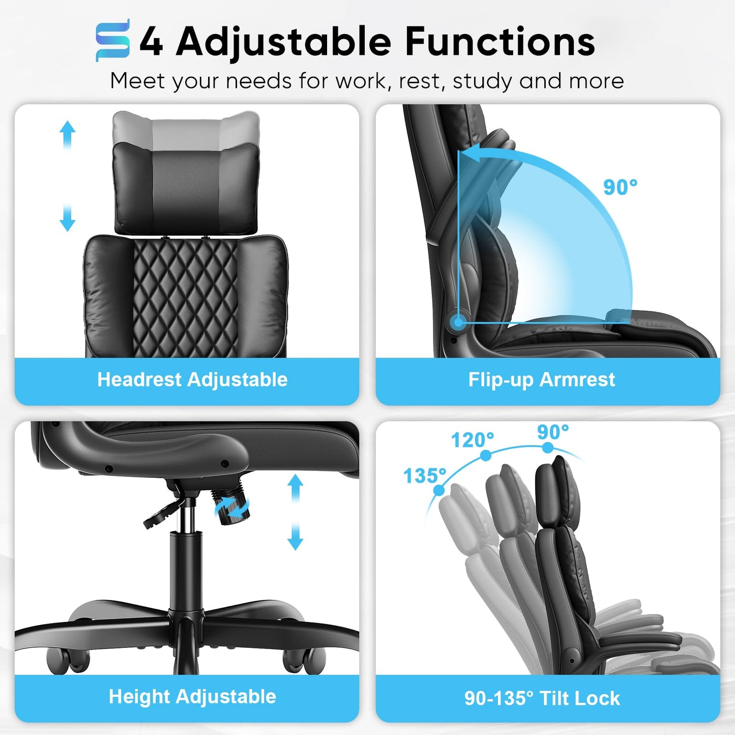 Sytas Executive Office Ergonomic Chair with Adjustable Headrest, PU Leather Desk Chair, High-Back Swivel Task Chair for Home Office, 135° Reclining, Black